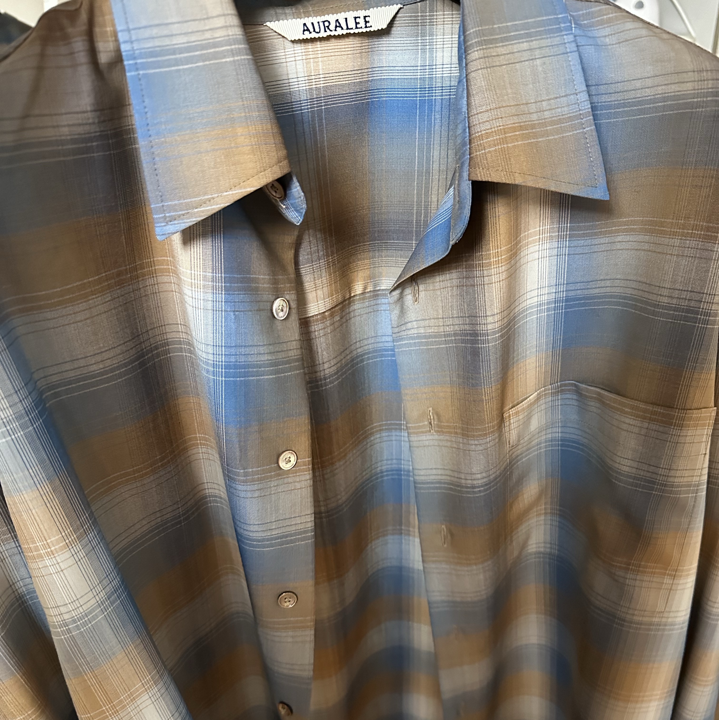Auralee Super Light Wool Check Shirt Blue Brown Check - 23SS 착용 스타일