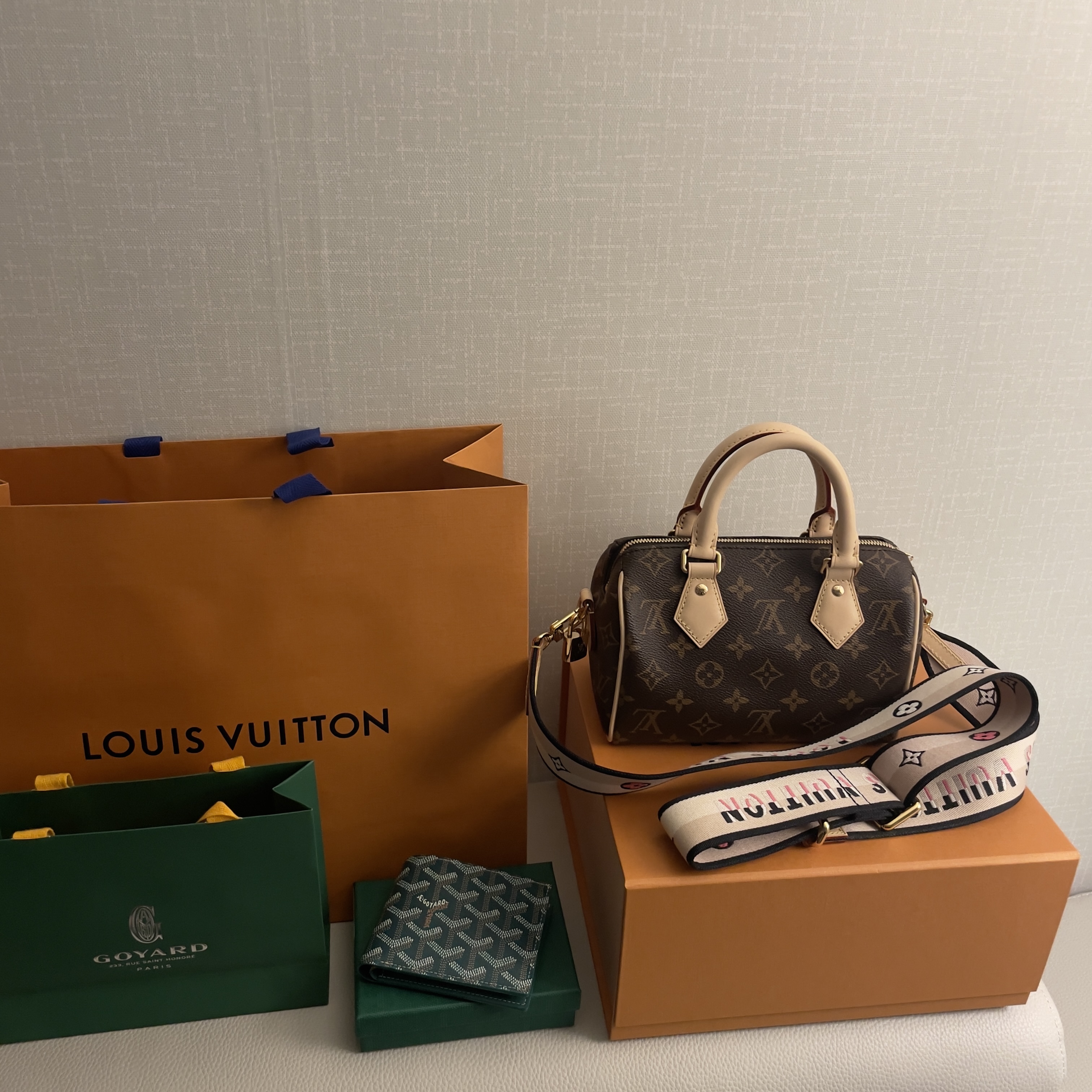 Louis Vuitton Speedy Bandouliere 20 Monogram Black, Goyard Victoire Wallet Green 착용 스타일