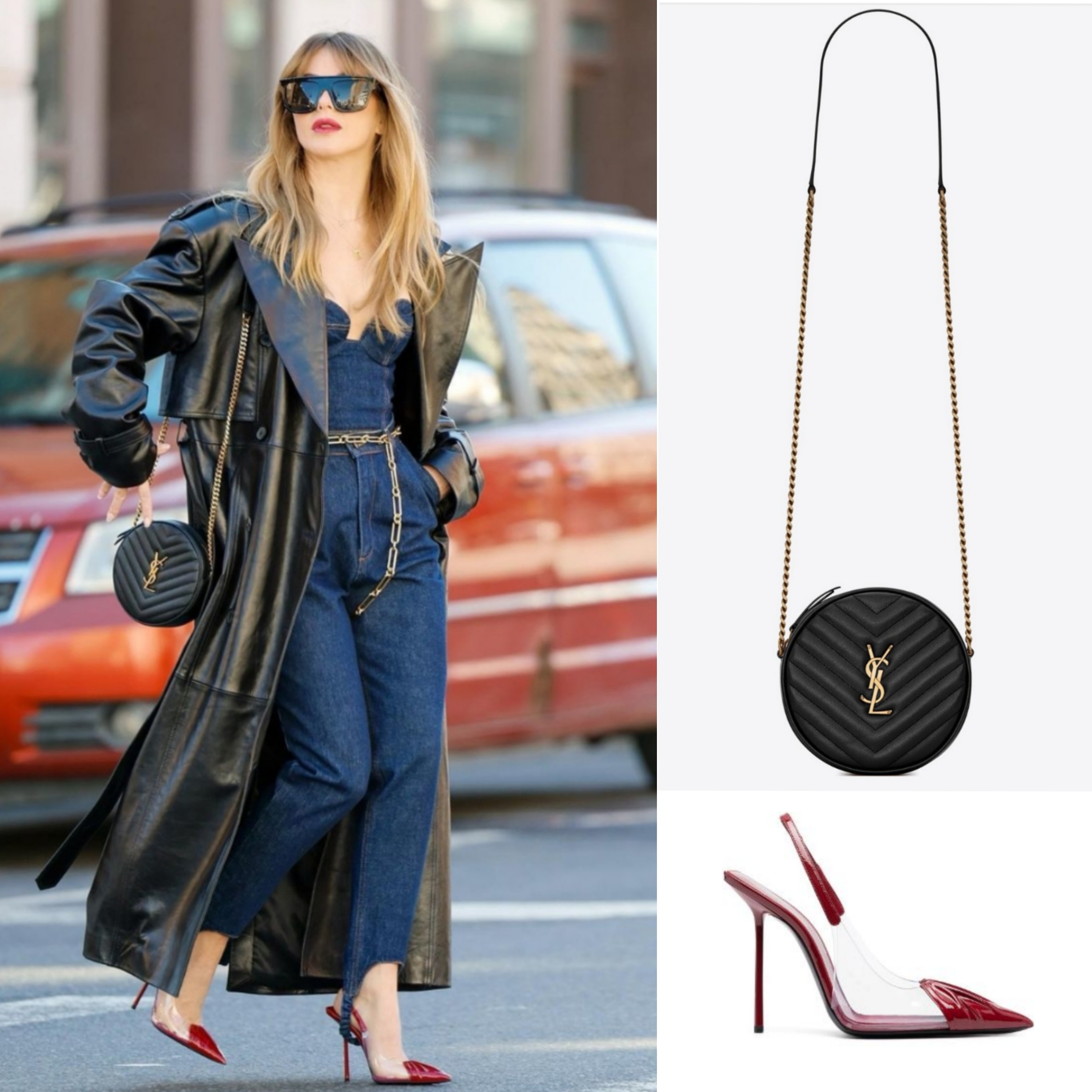 Saint Laurent Vinyle Round Camera Bag in Chevron Quilted Grain de Poudre Embossed Leather Black 착용 스타일