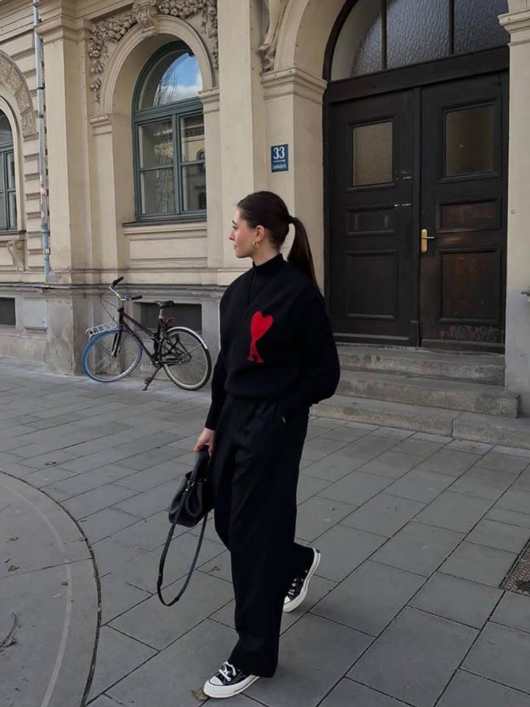 Converse Chuck 70 Ox Black - Standard, AMI de Coeur Oversize Intarsia Sweater Black Red 착용 스타일 - 2