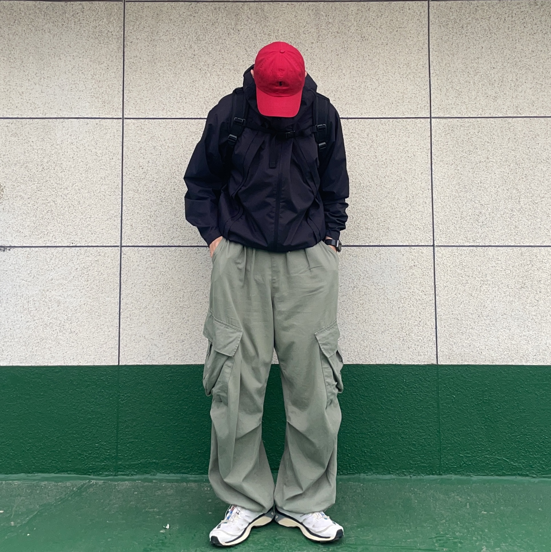 Sansan Gear Windblock Jacket Black - 22FW, Salomon XT-4 White Lunar Rock 착용 스타일