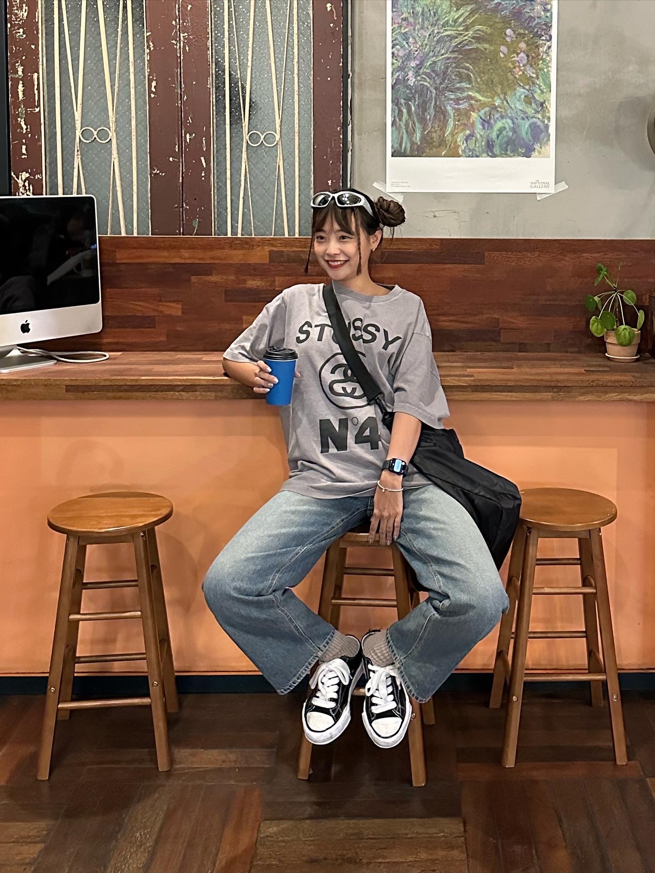 Maison Mihara Yasuhiro Peterson OG Sole Canvas Low Sneakers Black, Stussy Pigment Dyed Stussy No.4 T-Shirt Grey 착용 스타일 - 5