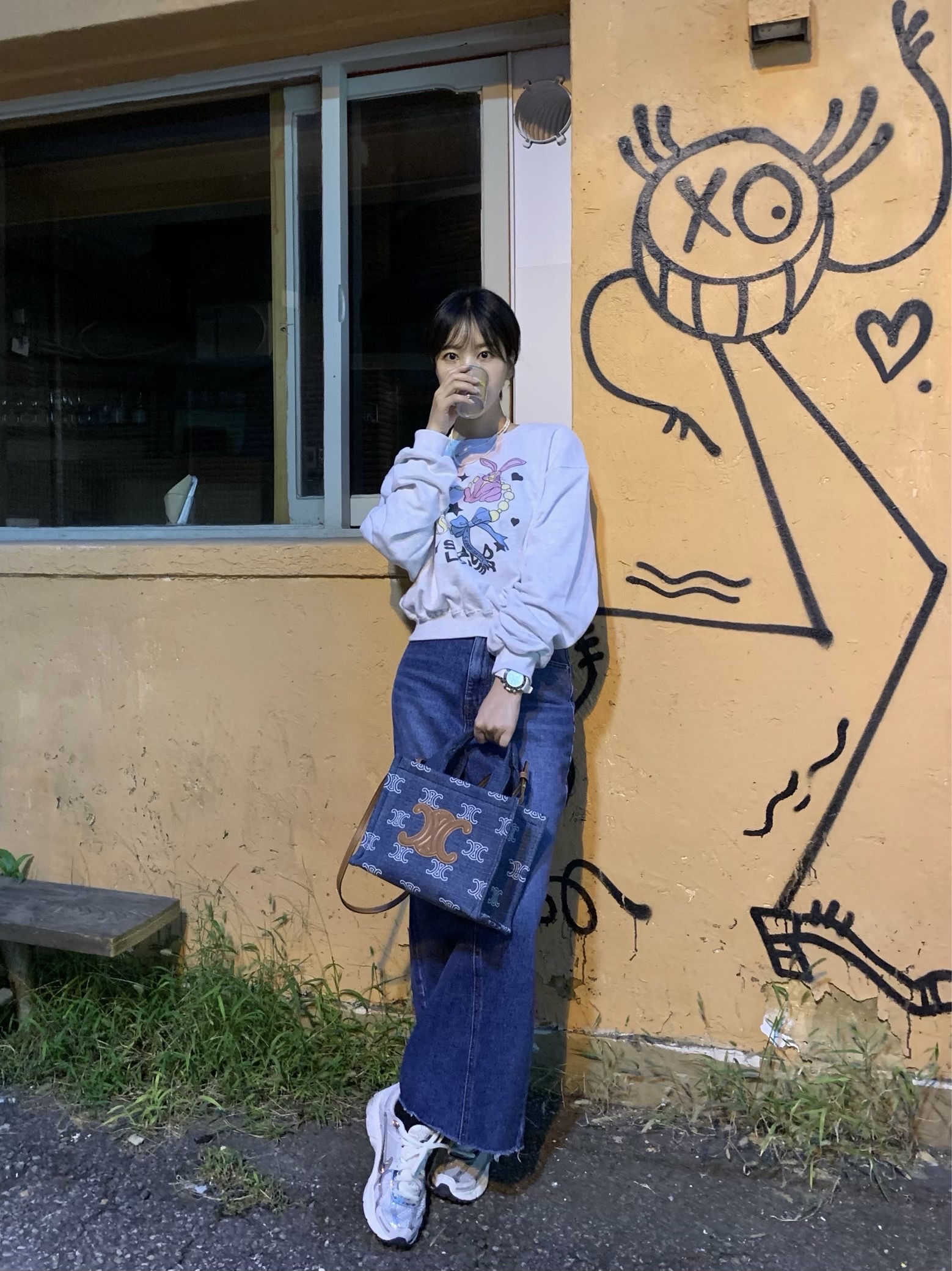 Celine Small Cabas Thais in Textile with Triomphe Canvas Print and Calfskin White, (W) Nike Zoom Vomero 5 Photon Dust and Metallic Silver 착용 스타일 - 3