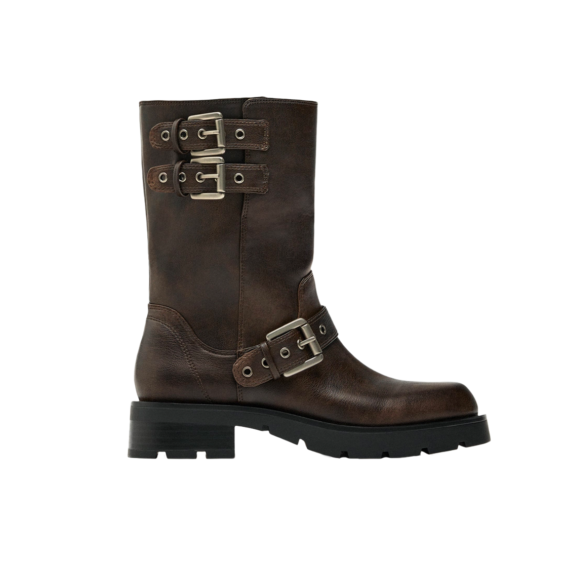 1121/210,211/700 (W) Zara Buckled Biker Flat Ankle Boots Brown