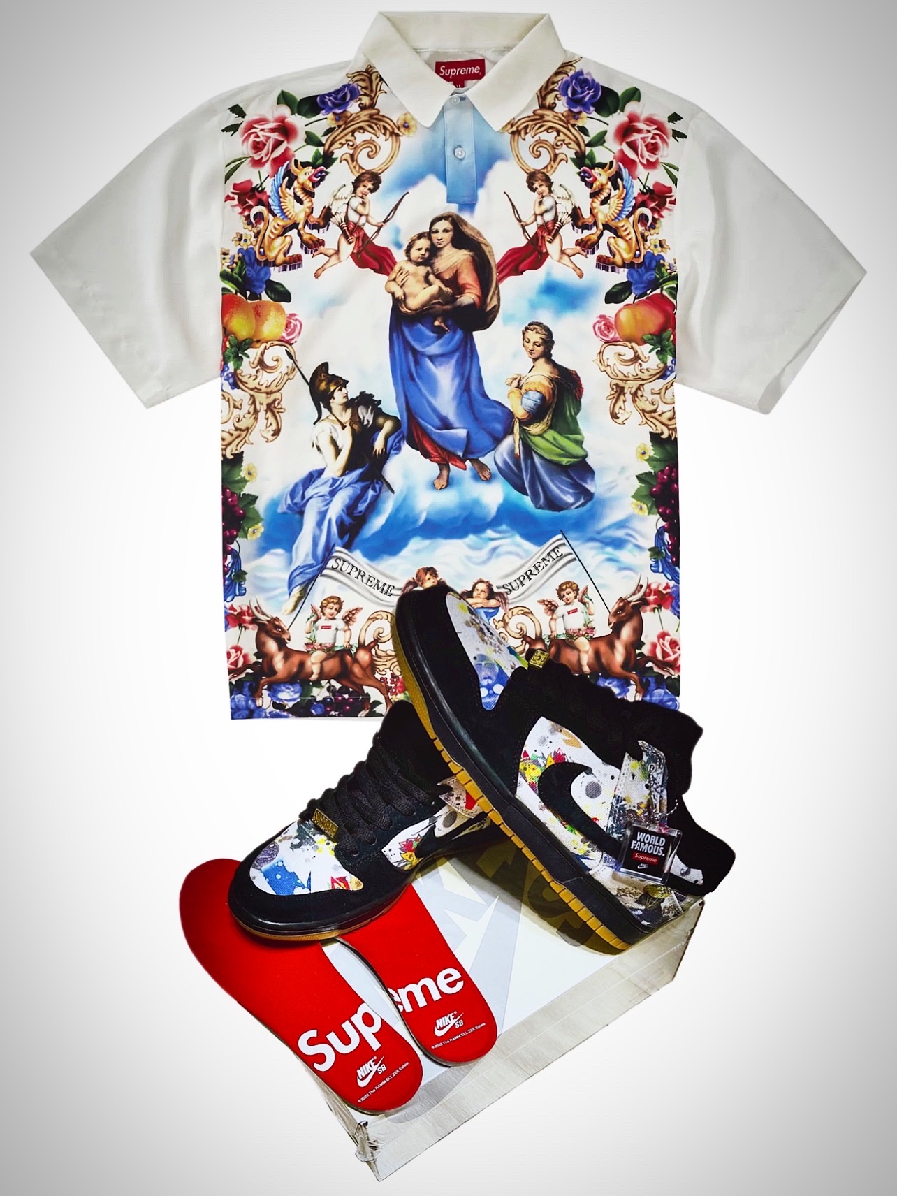 Supreme Heavenly Silk Polo White - 22FW, Nike x Supreme SB Dunk Low QS Rammellzee Black 착용 스타일