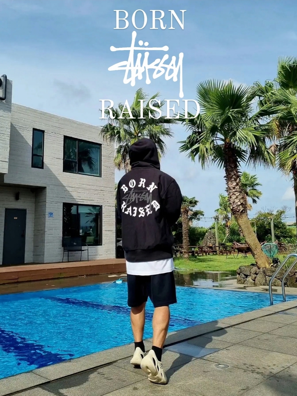 Stussy x Born X Raised Logo Zip Hoodie Black, Adidas Yeezy Foam RNNR Sand 착용 스타일