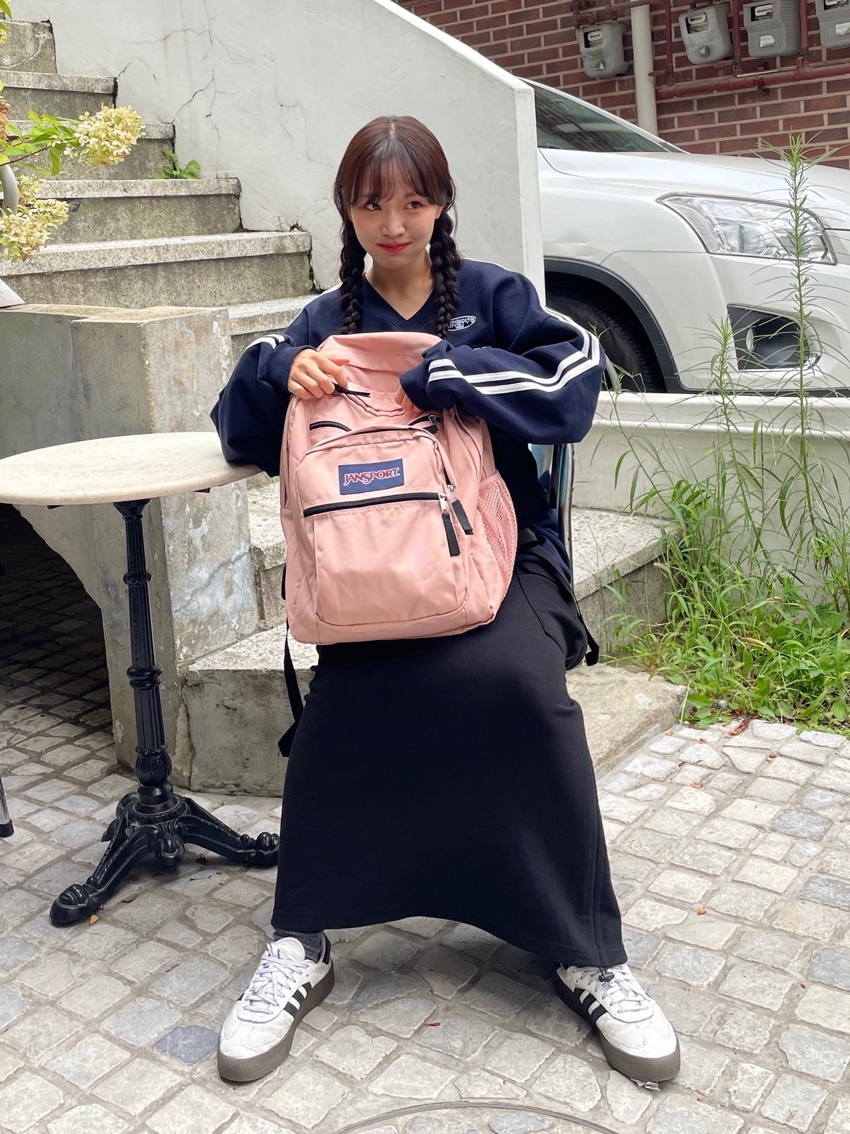(W) Adidas Sambarose White Black Gum 착용 스타일 - 1