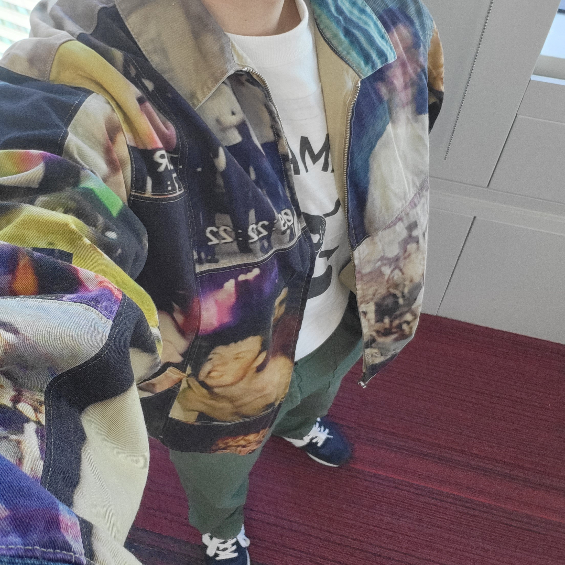 Supreme Mark Leckey Hardcore Patchwork Harrington Jacket Multicolor - 23FW, New Balance 990v1 Made in USA Navy 착용 스타일