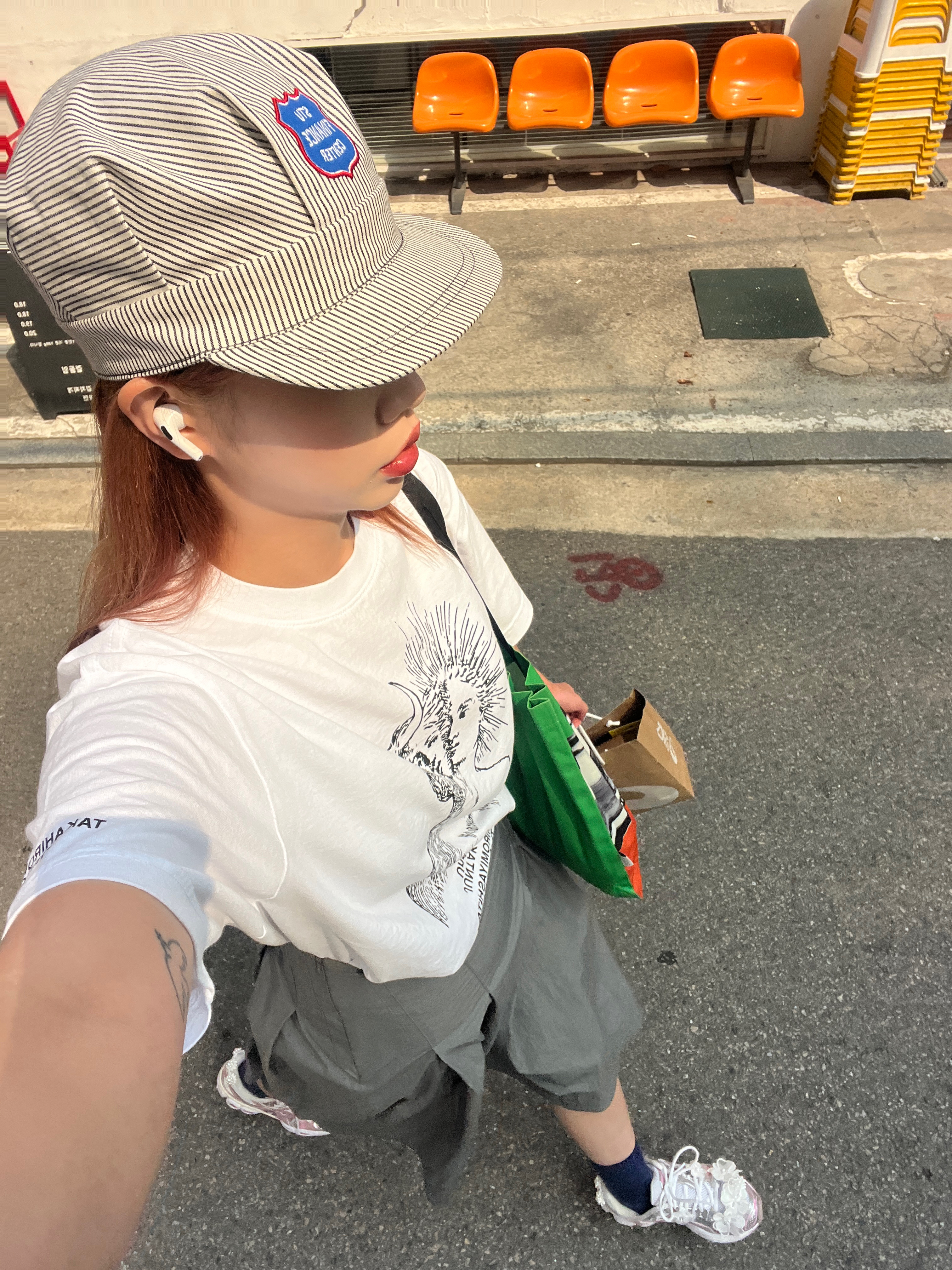 STU Bank Stripe Engineer Cap Cream 착용 스타일 - 2