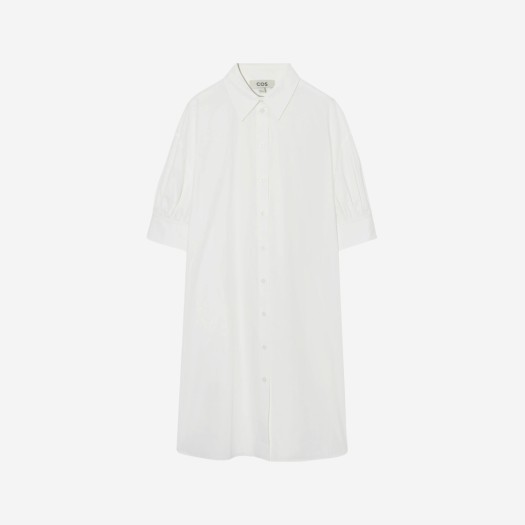 (W) 코스 개더드 슬리브 미니 셔츠 드레스 화이트