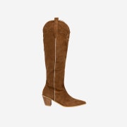 Porta Women Suede Stitch Western Long Boots Brown
