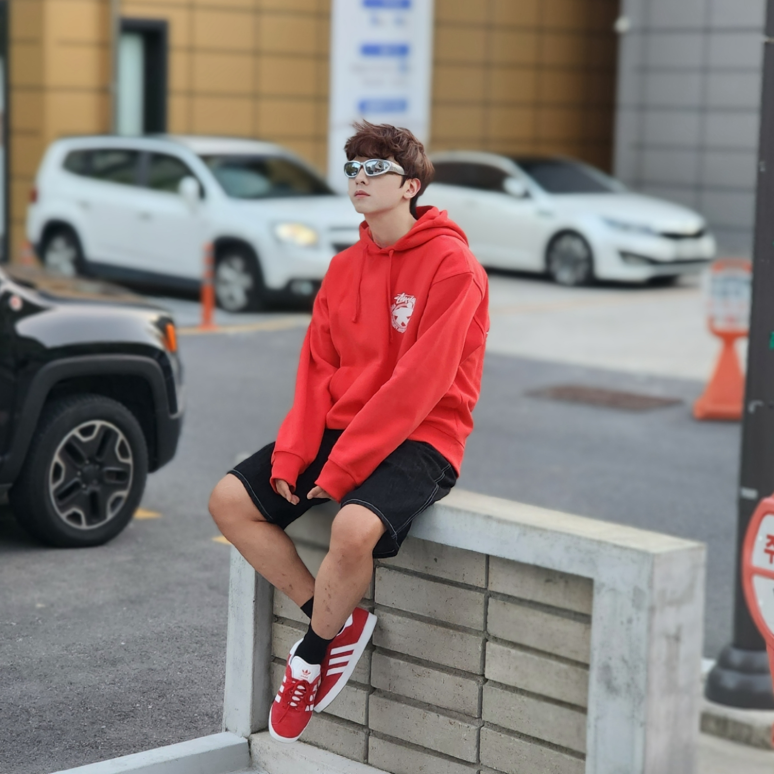 Stussy Beach Roots Hoodie Red, Adidas Gazelle Power Red 착용 스타일 - 2