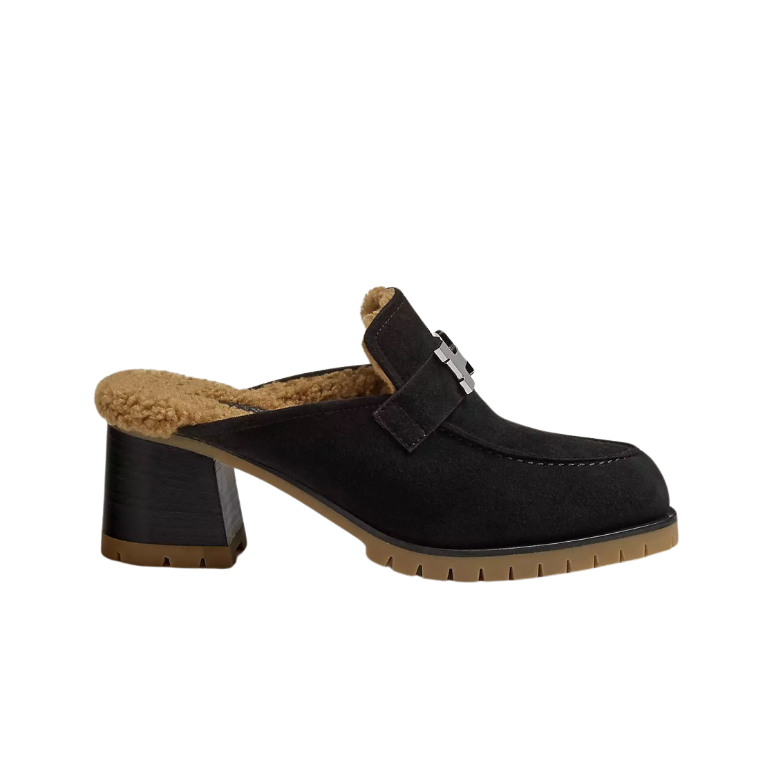(W) 에르메스 플로레 60 뮬 스웨이드 고트스킨 울스킨 & 팔라듐 하드웨어 누아 까멜((W) Hermes Flore 60 Mule Suede Goatskin Woolskin & Palladium Noir Camel) - 1