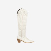 Porta Women Leather Stitch Western Long Boots Ivory