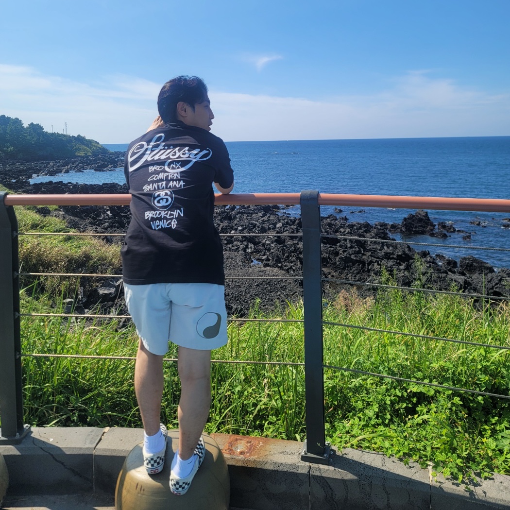 Stussy x Our Legacy Work Shop Water Shorts Taupe, Stussy World Tour T-Shirt Black 2023 착용 스타일