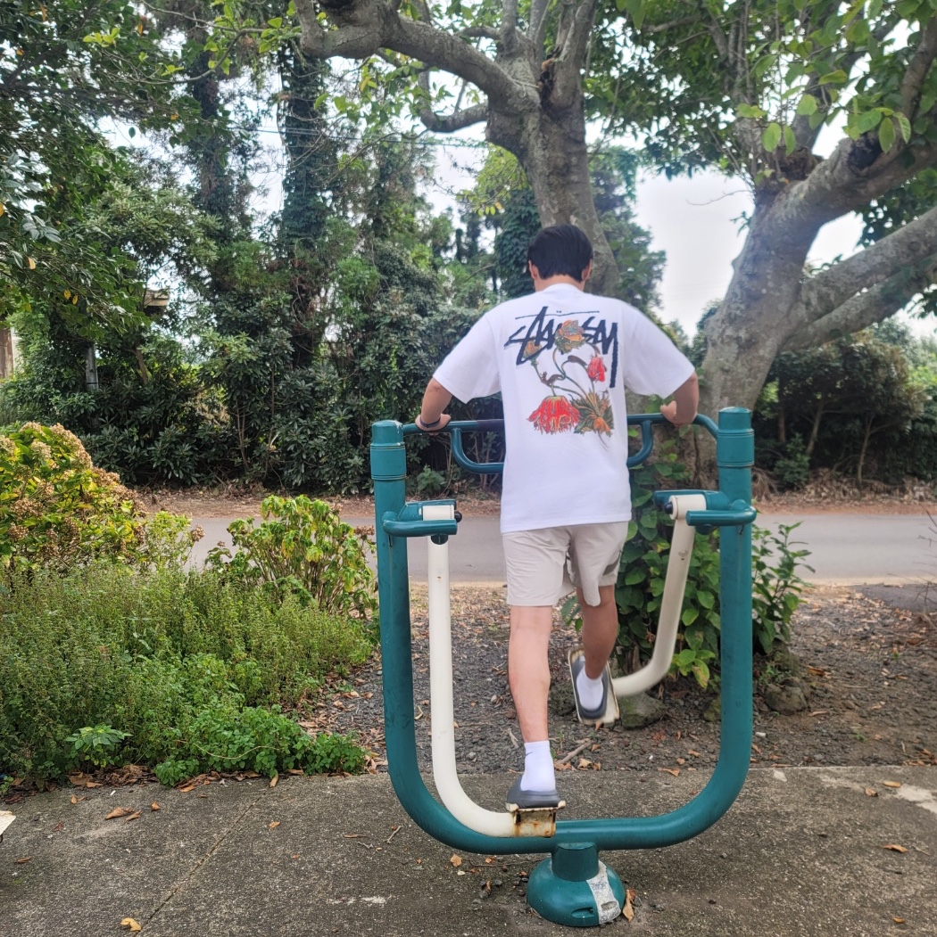 Stussy Withered Flower T-Shirt White, Stussy x Our Legacy Work Shop Water Shorts Taupe 착용 스타일
