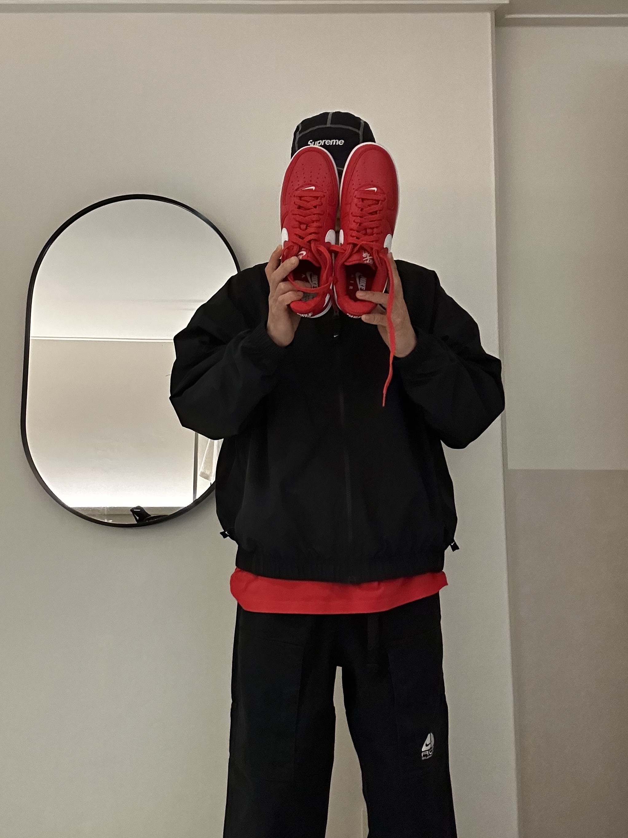 Nike Air Force 1 Low Retro Color of the Month University Red, Supreme Reflective Stitch Camp Cap Black - 23SS 착용 스타일 - 1