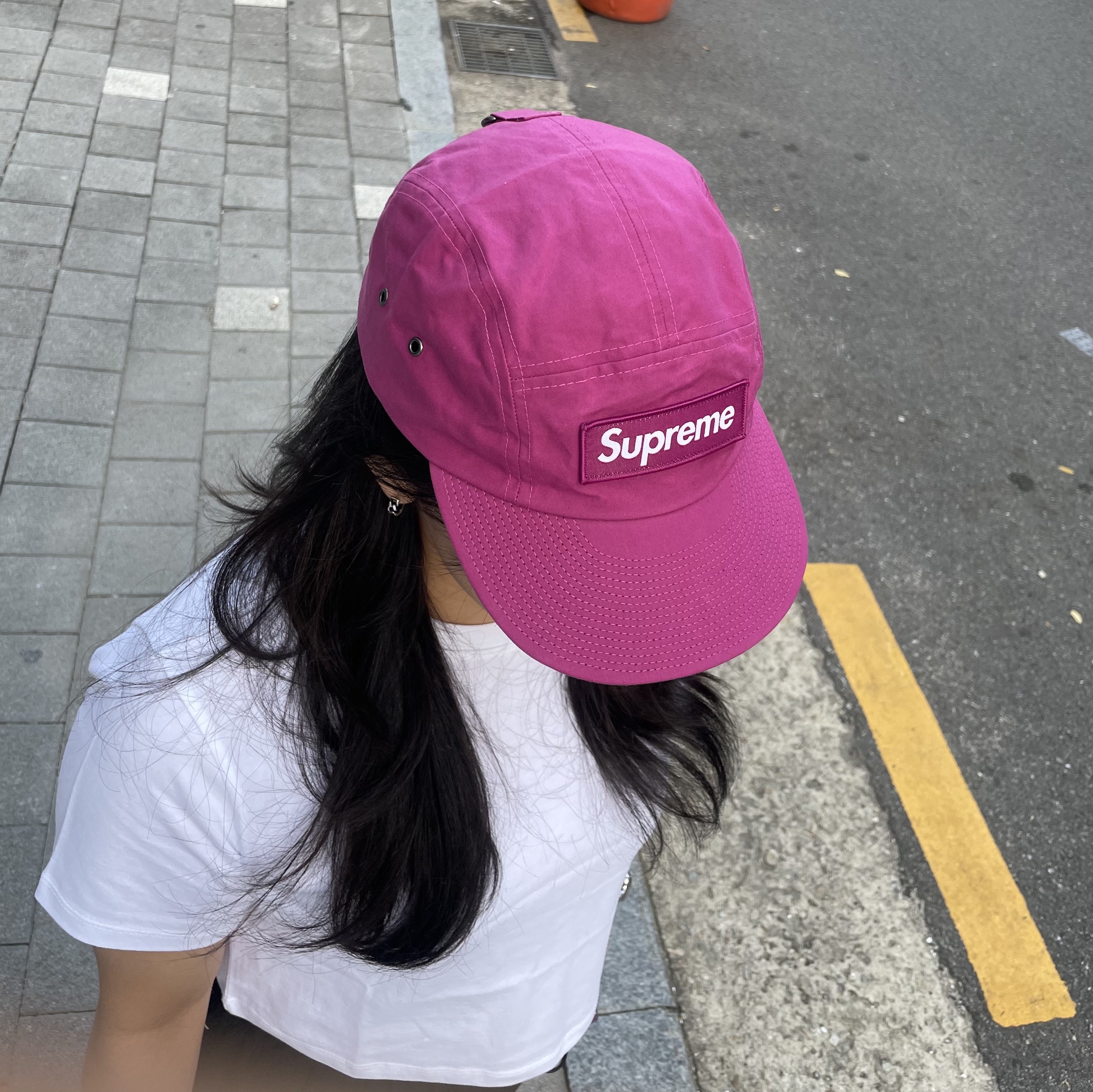 Supreme Waxed Cotton Camp Cap Magenta - 23FW 착용 스타일