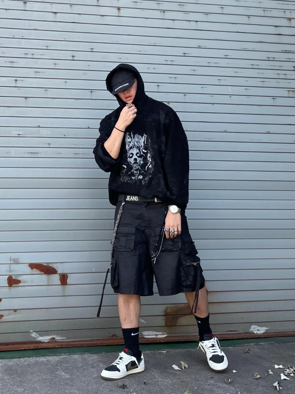 Undermycar Skal Multi Cargo Vintage Shorts Wren - 23SS, (W) Jordan 1 x Travis Scott Retro Low OG SP Medium Olive 착용 스타일 - 1