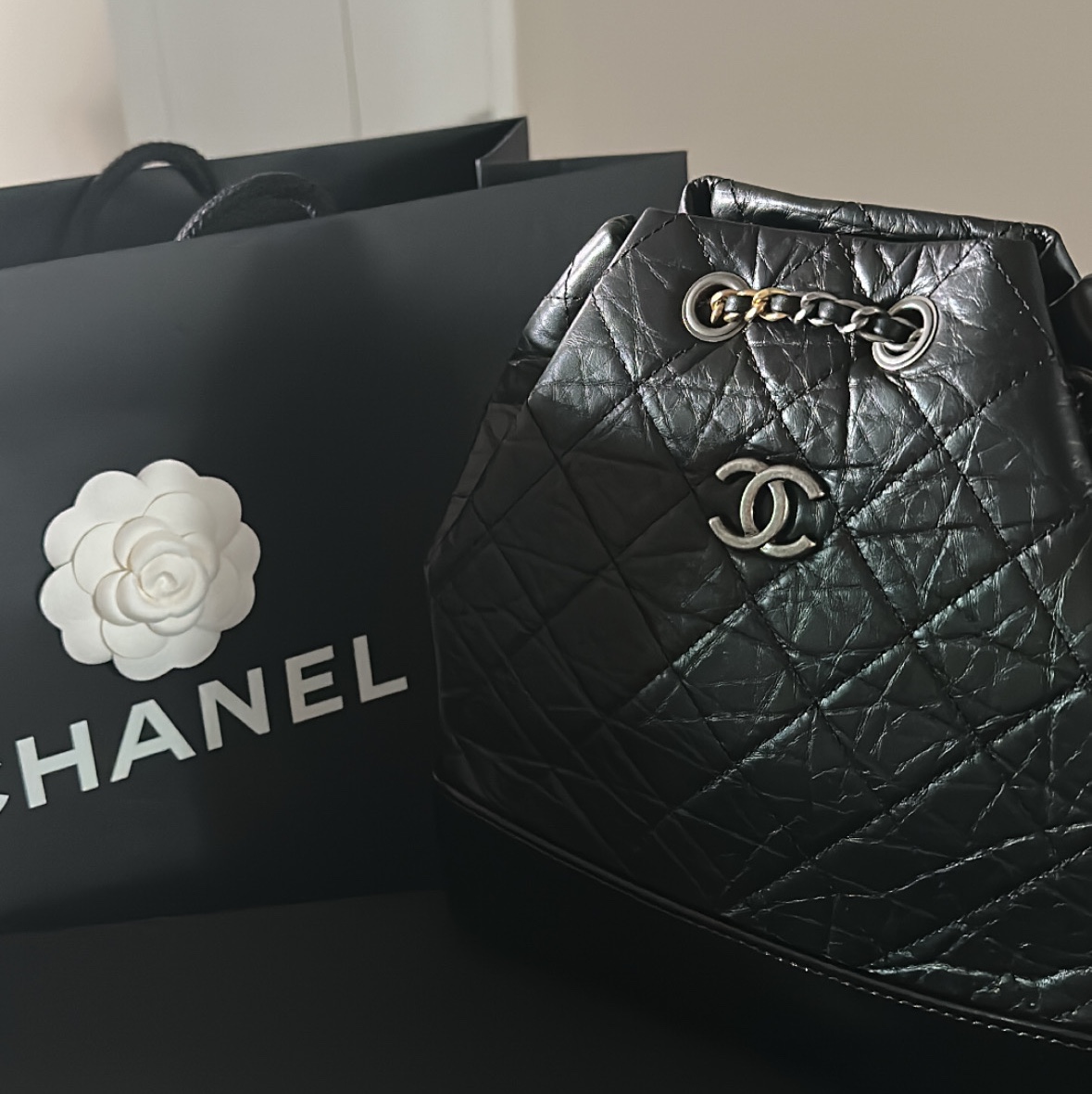 Chanel Small Gabrielle Backpack Aged Calfskin & Gold Silver Black 착용 스타일
