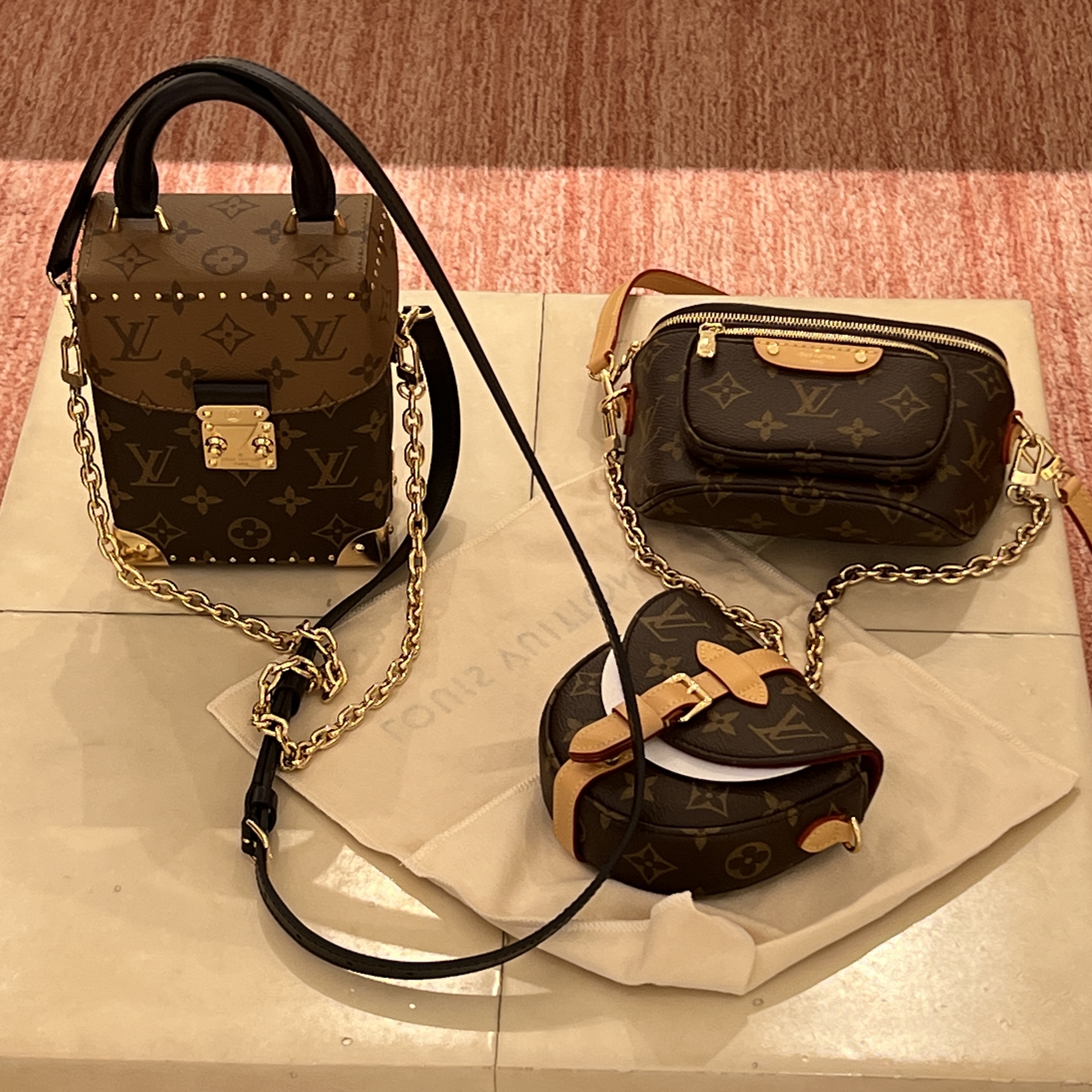 Louis Vuitton Mini Bumbag Monogram, Louis Vuitton Camera Box Monogram and Monogram Reversed 착용 스타일 - 2