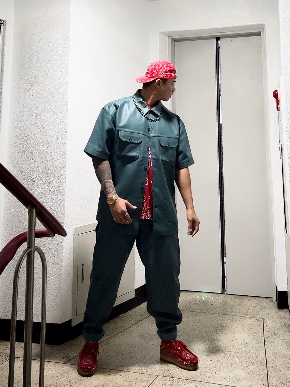 Supreme Bandana Camp Cap Red - 21SS, Supreme Small Box T-Shirt Red Bandana - 21SS 착용 스타일 - 1