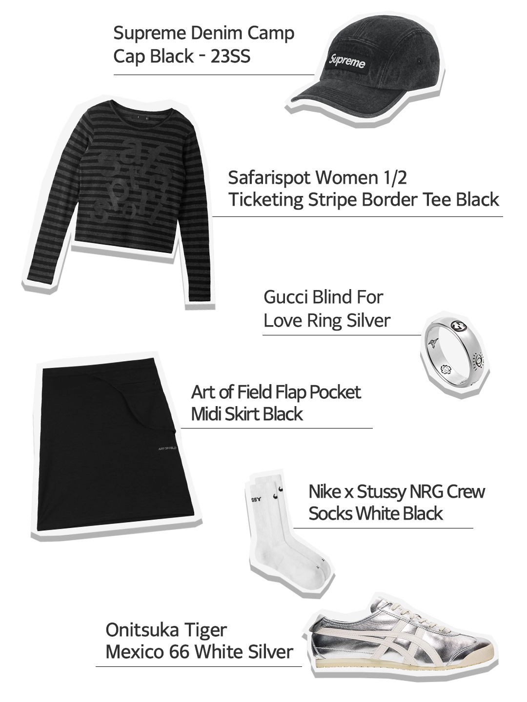 Supreme Denim Camp Cap Black - 24SS, [KREAM 단독] Safarispot Women 1/2 Ticketing Stripe Border Tee Black 착용 스타일 - 1