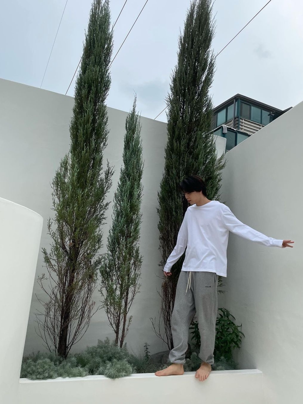 Celine-Embroidered Track Pants in Cotton Grey Black 착용 스타일