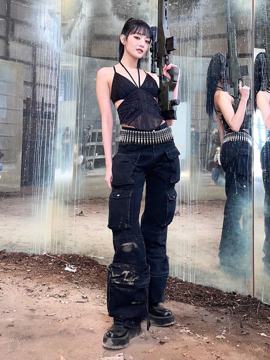Undermycar Harban Rough Dirty Painting Wide Cargo Pants Lint - 23SS, Nonnod Mechanic Cargo Pants Black 착용 스타일 - 3