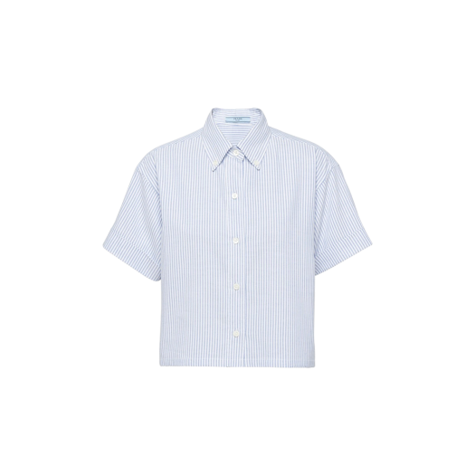 (W) 프라다 숏슬리브 옥스포드 코튼 셔츠 화이트 브라이트 블루