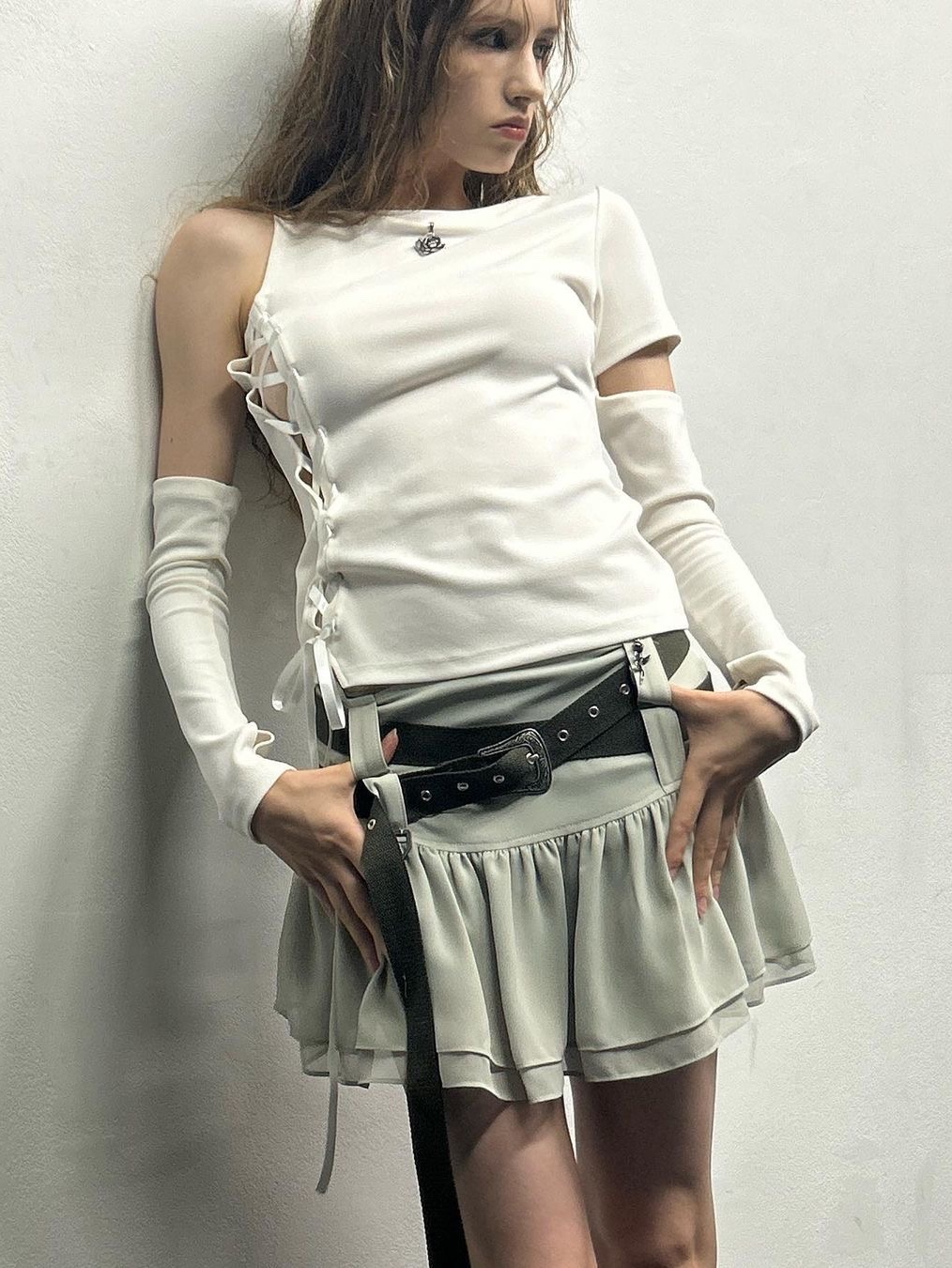 Elfelfelf Archives Women Western Skirt Pale Green 착용 스타일