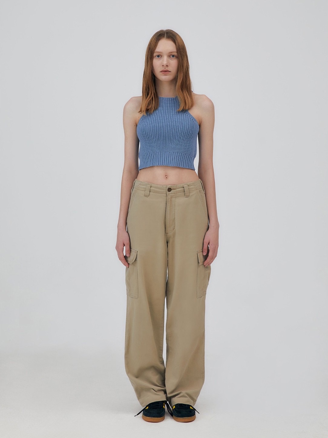 Millo Women Racer Bold Knit Top Powder Blue 착용 스타일