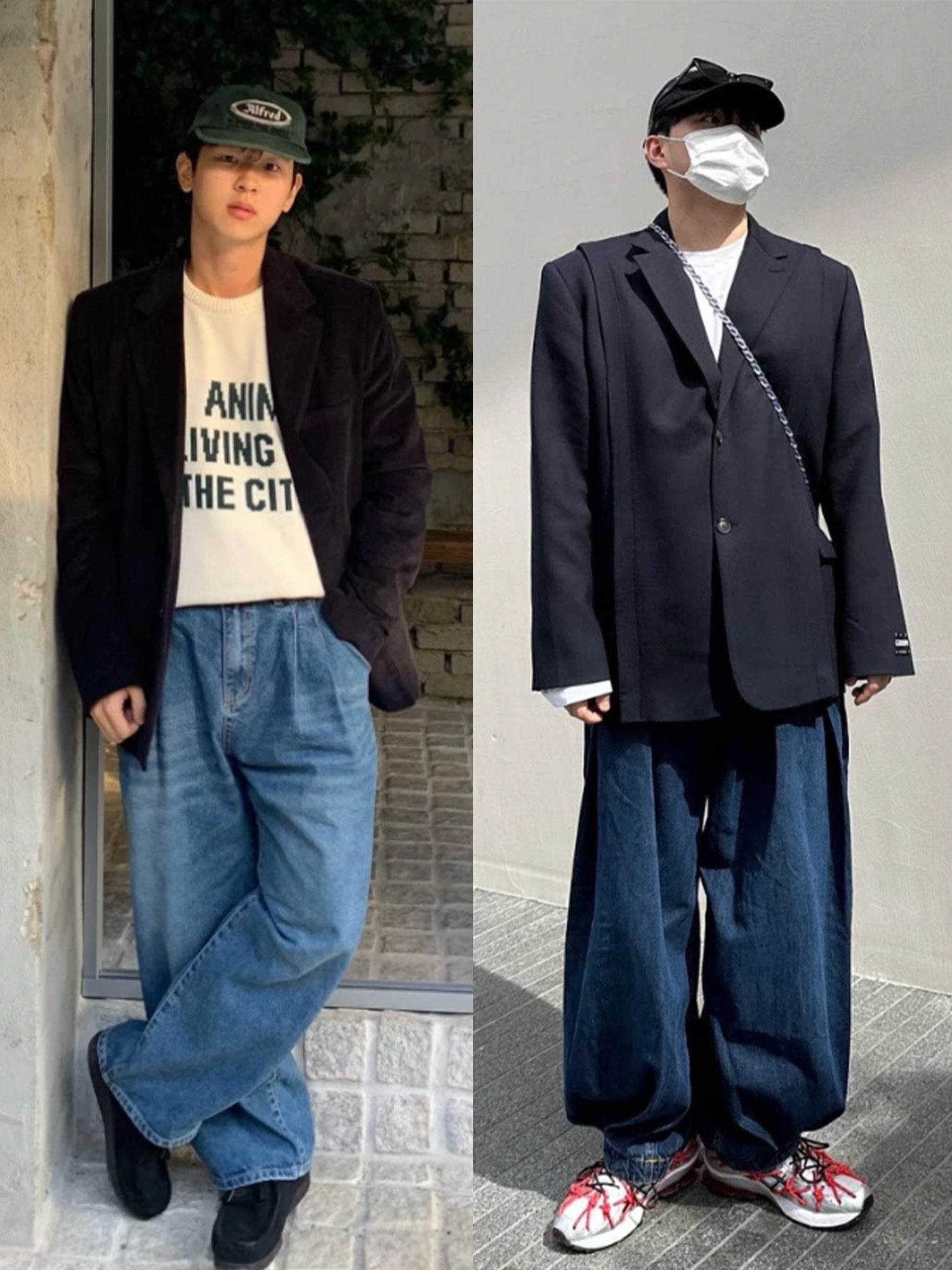 Zara x Ader Error Wide Leg Jeans Blue, Zara x Ader Error Oversize Blazer Black 착용 스타일 - 3