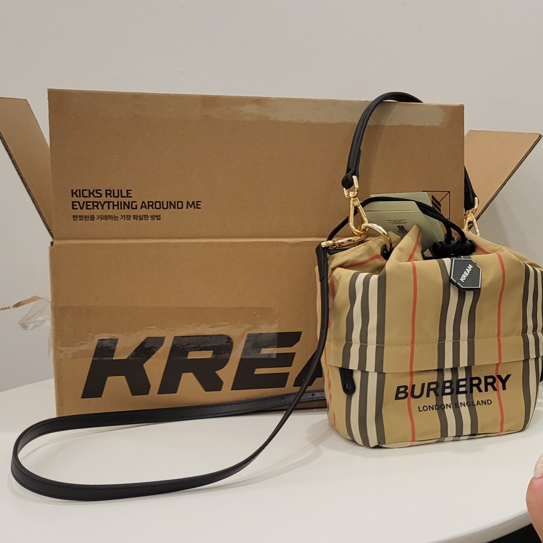Burberry Icon Stripe Econyl Drawcord Pouch Archive Beige 착용 스타일