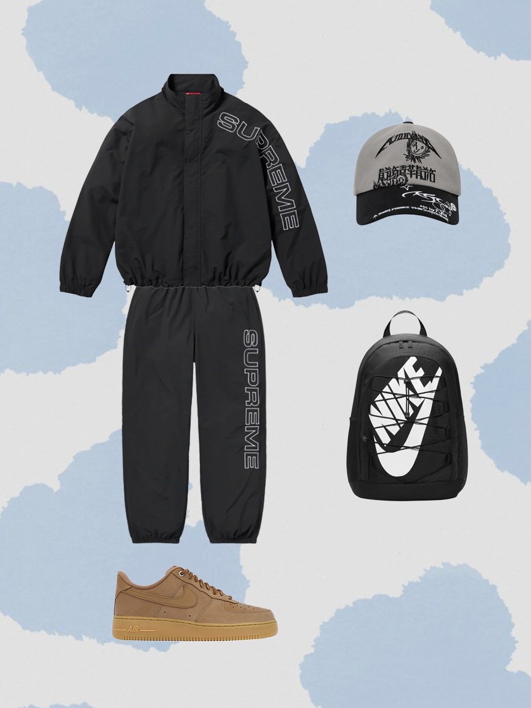 Nike Air Force 1 '07 WB Flax, Supreme Spellout Embroidered Track Jacket Black - 23FW 착용 스타일 - 2