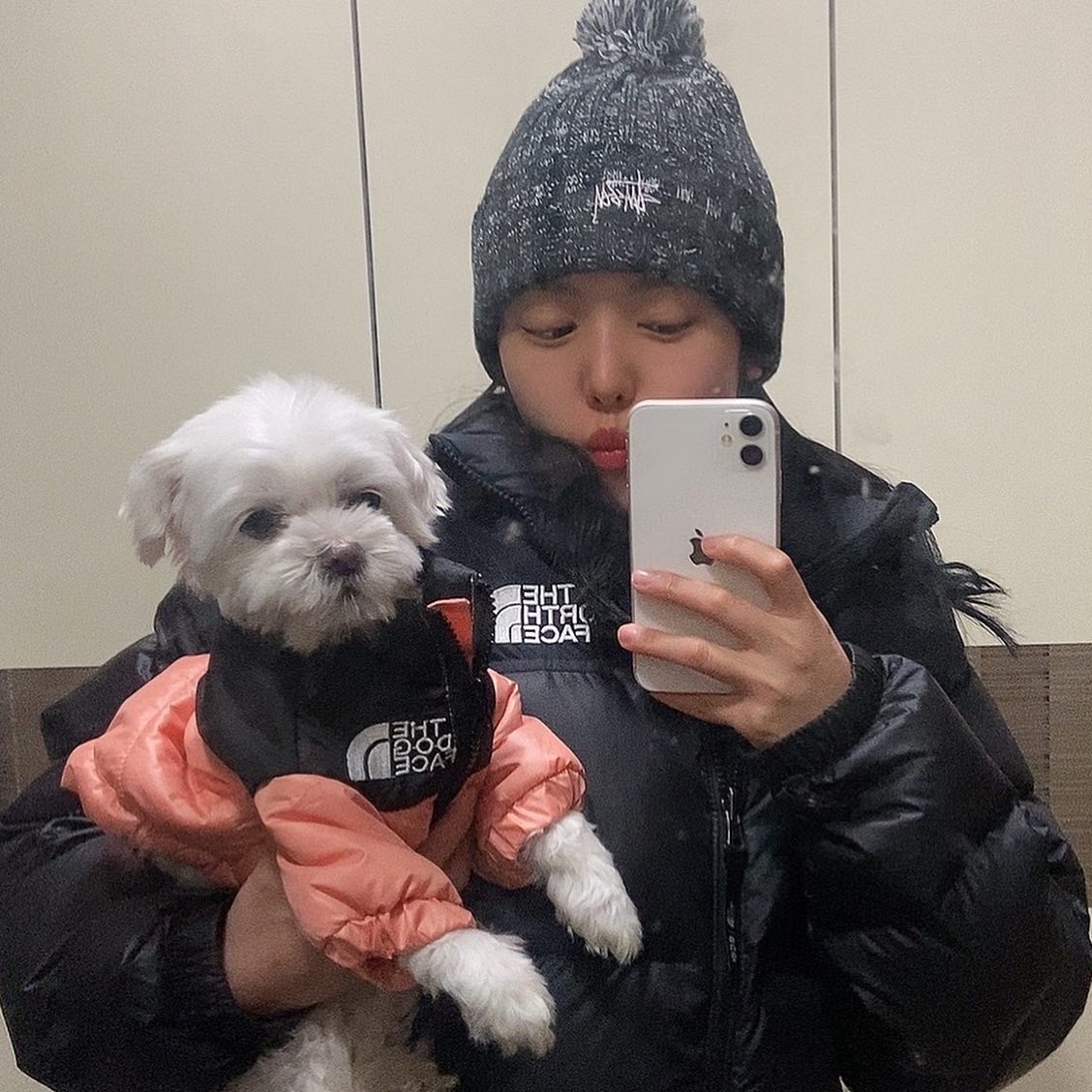 (W) The North Face White Label Novelty Nuptse Down Jacket Black 착용 스타일
