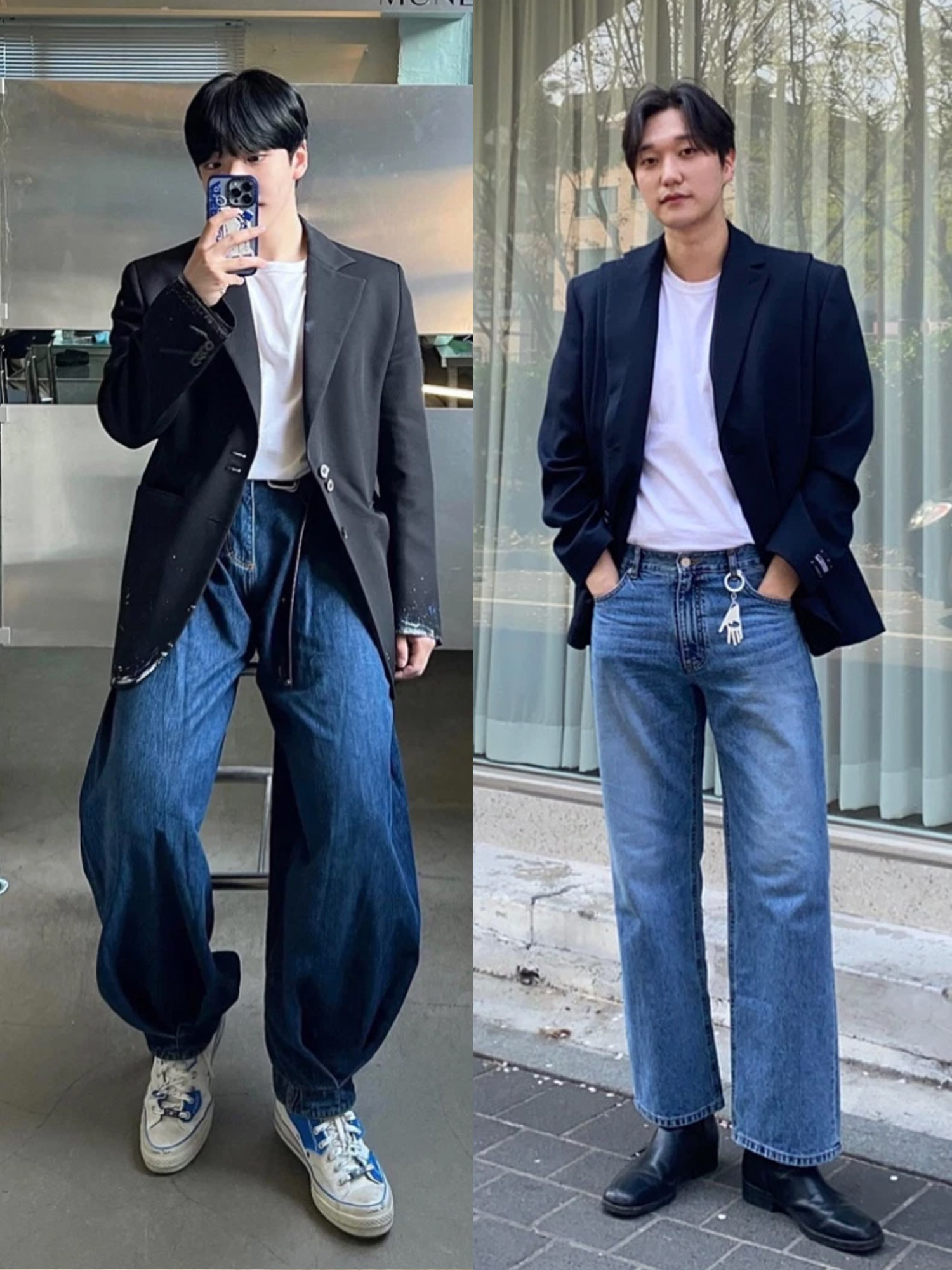 Zara x Ader Error Wide Leg Jeans Blue, Zara x Ader Error Oversize Blazer Black 착용 스타일 - 2