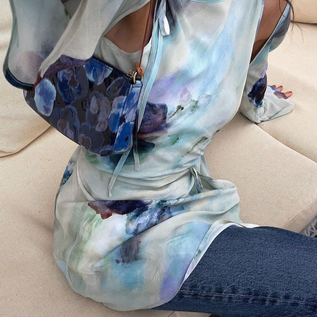(W) Acne Studios Printed Wrap Dress Blue, (W) Acne Studios Printed Blouse Dress Light Blue 착용 스타일 - 4