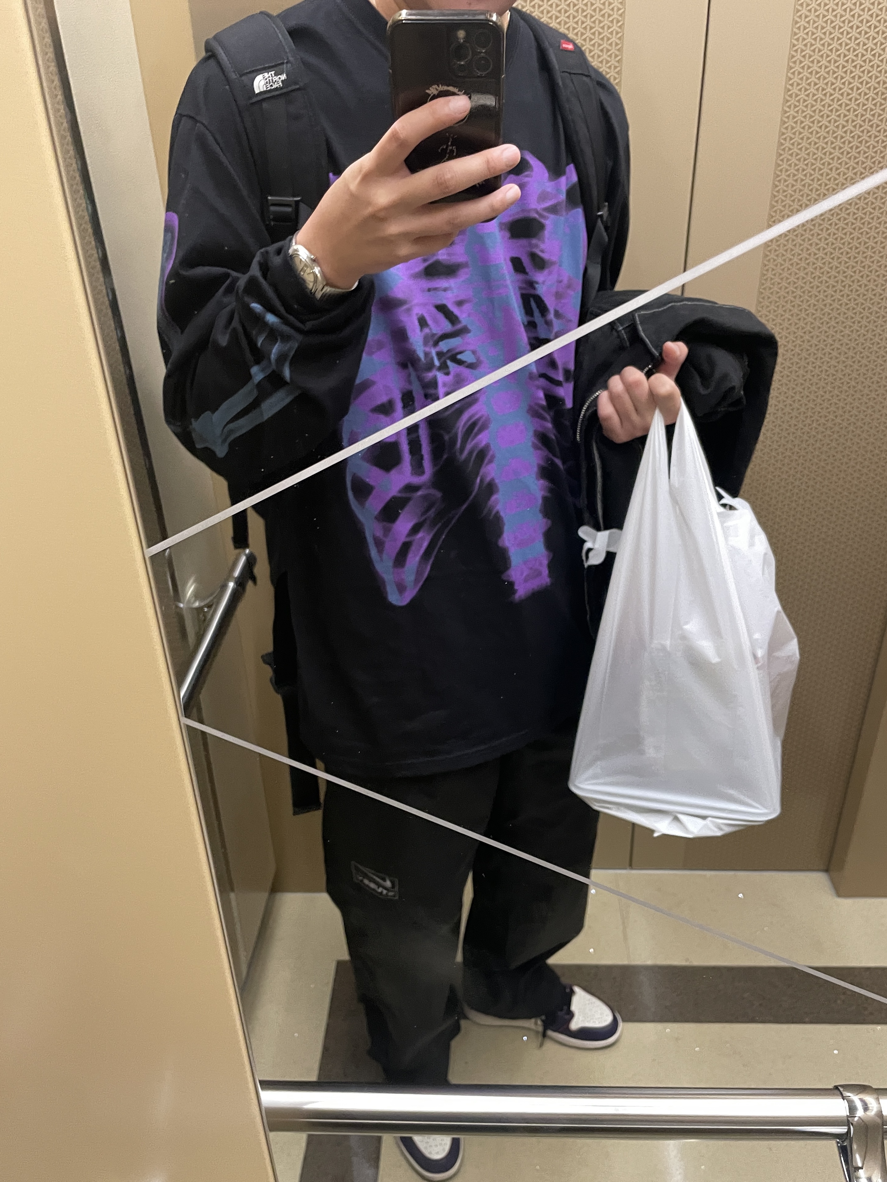 Stussy Rib Cage LS T-Shirt Black, Nike x Stussy NRG FL Storm-Fit Pants Black (DO7170-010) 착용 스타일 - 1