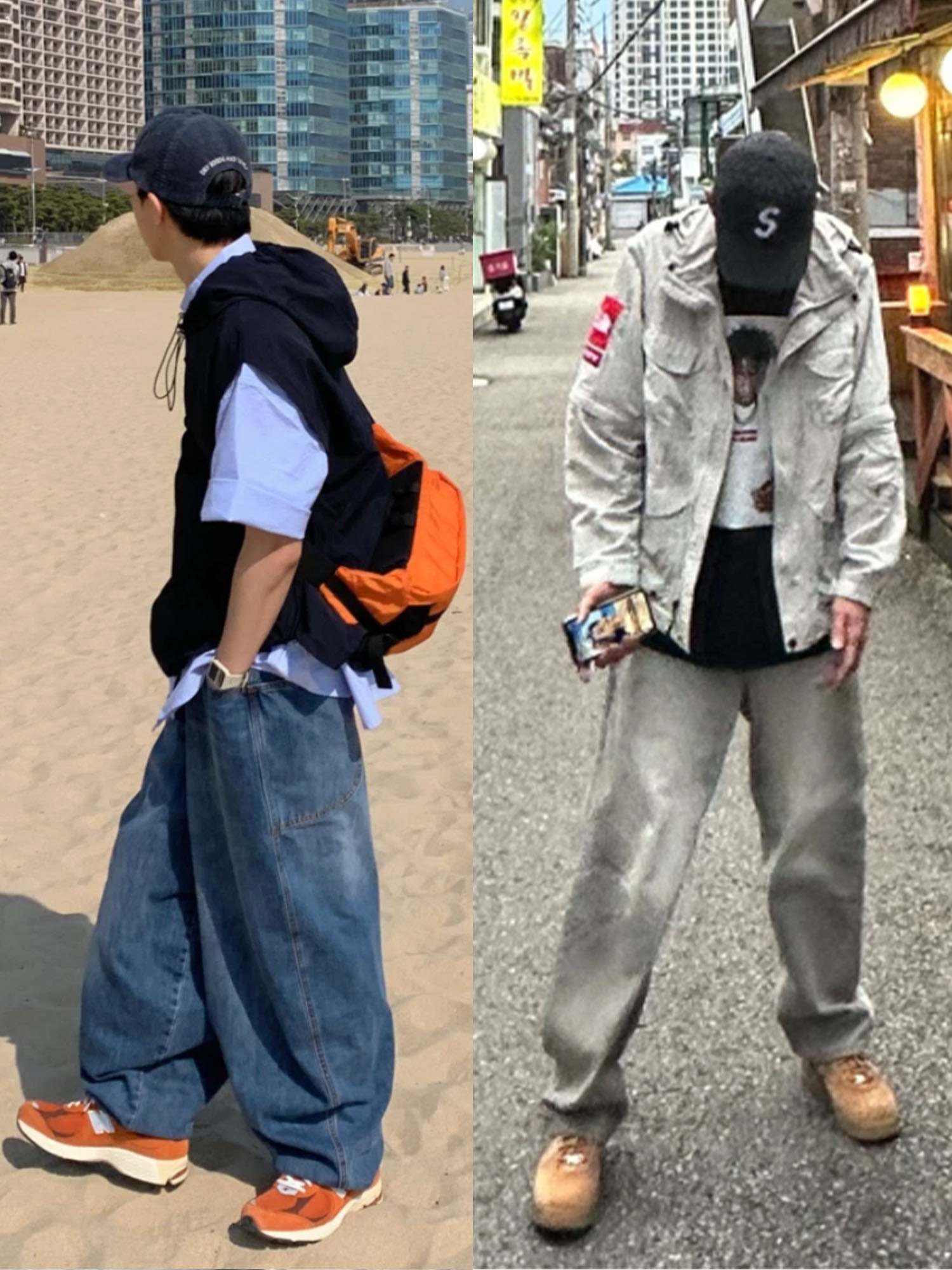 Stussy x Our Legacy x Denim Tears TTL Varsity Jacket Black, Telfar Baggy Jean Blue 착용 스타일 - 2