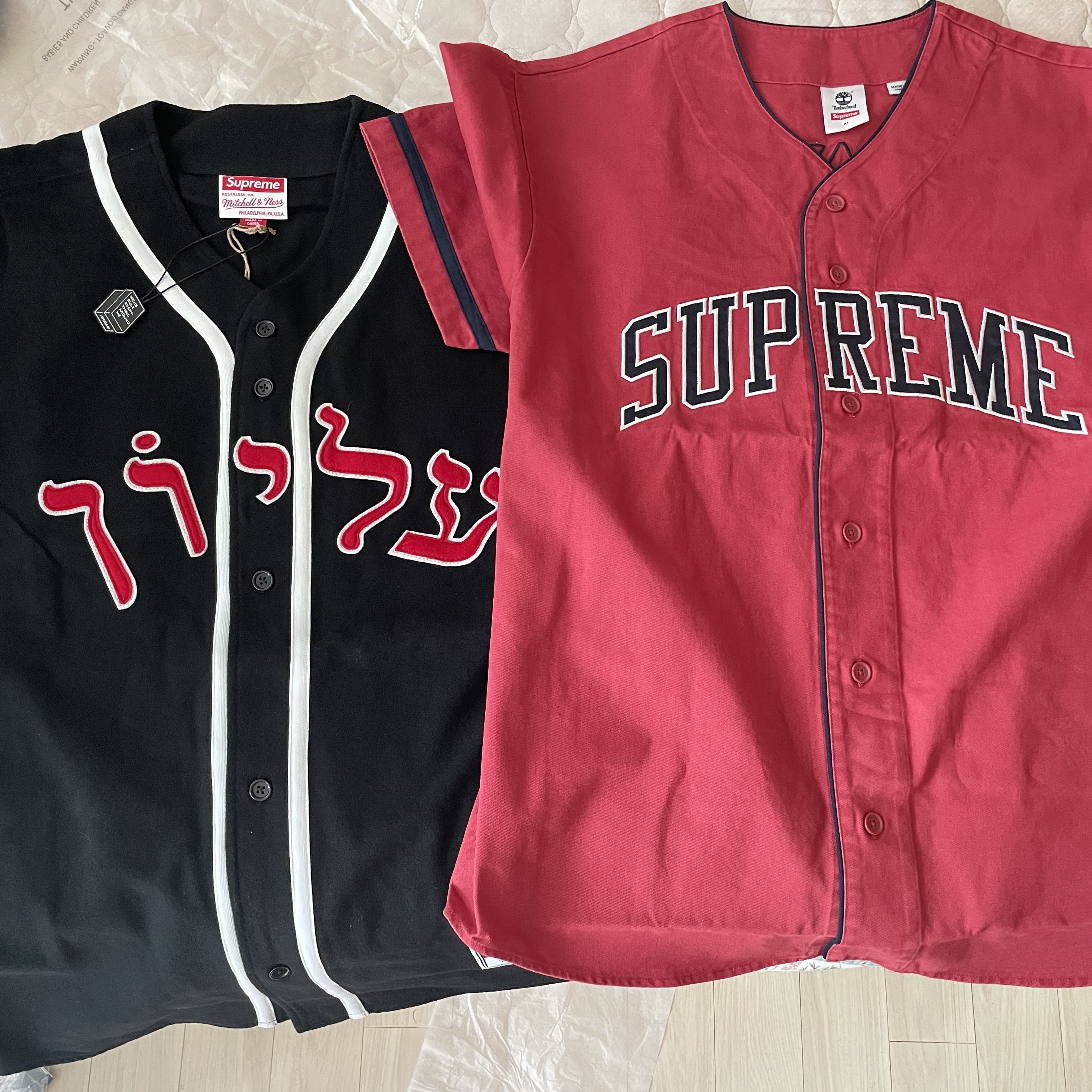 Supreme Mitchell & Ness Wool Baseball Jersey Black - 23FW, Supreme x Timberland Baseball Jersey Red - 23SS 착용 스타일