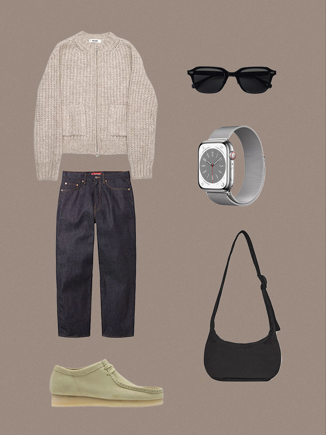 Clarks Wallabee Maple Suede, Haleine Alpaca Chunky Round Neck Zip-Up Knit Cardigan Oatmeal Grey 착용 스타일 - 2