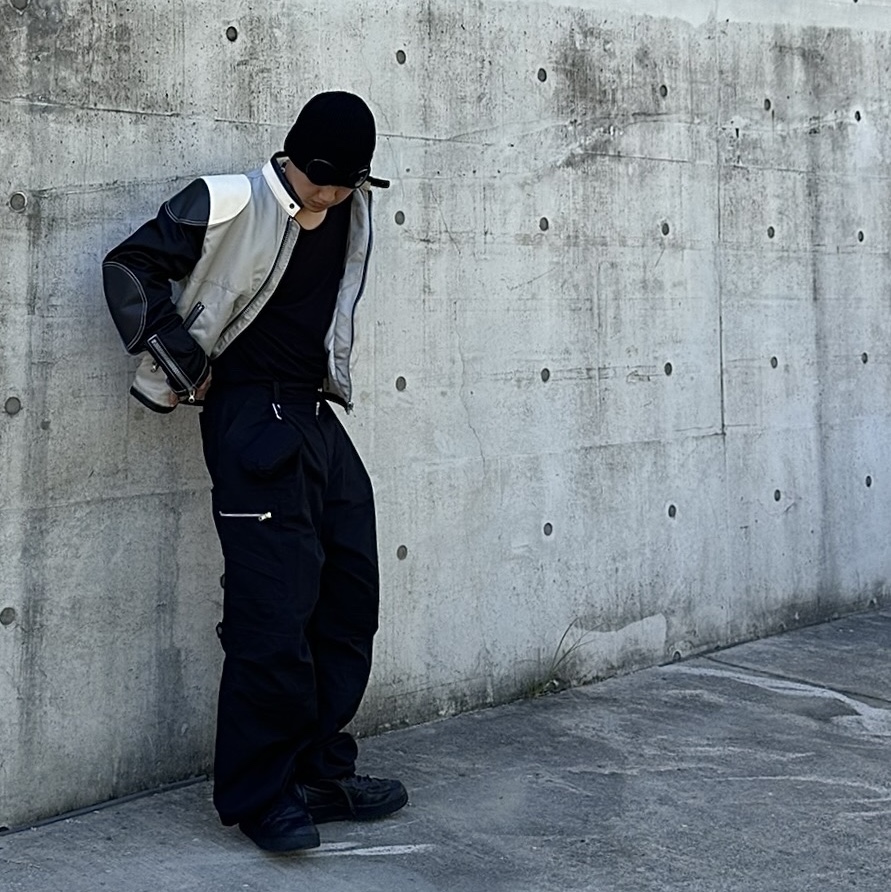 Diesel J-Kreator Biker Jacket in Colour-Block Nylon Black Grey, Nike x Comme des Garcons Homme Plus Air Force Mid Black 착용 스타일 - 5