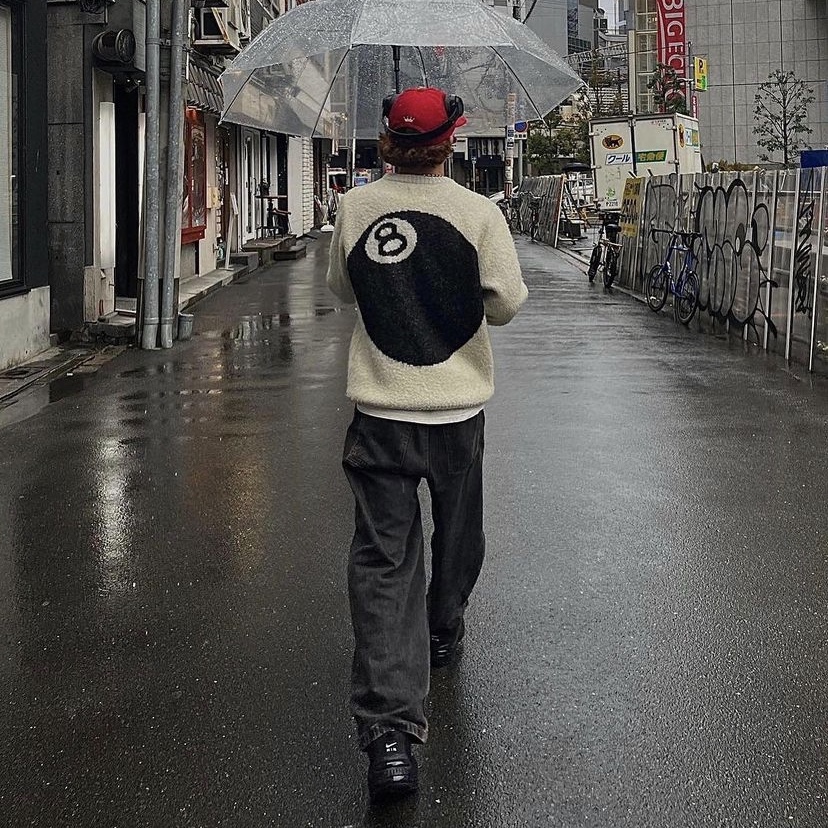 Stussy 8 Ball Heavy Brushed Mohair Sweater Cream, Stussy Mesh Football Jersey Black 착용 스타일 - 1