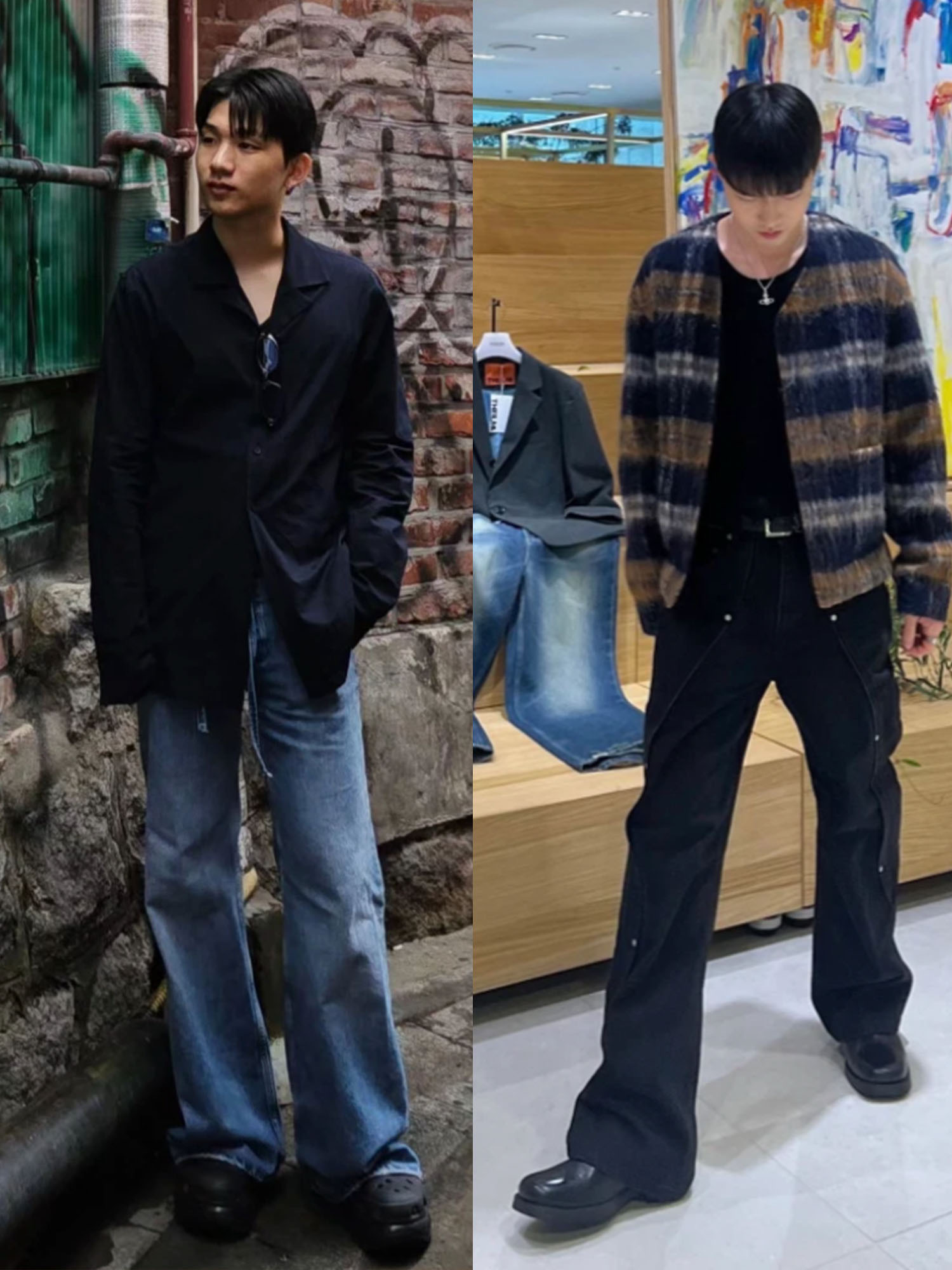Our Legacy Ladon Brass Keychain Matte Nickel, Zara x Rhuigi Flared Jeans Medium Blue 착용 스타일 - 2