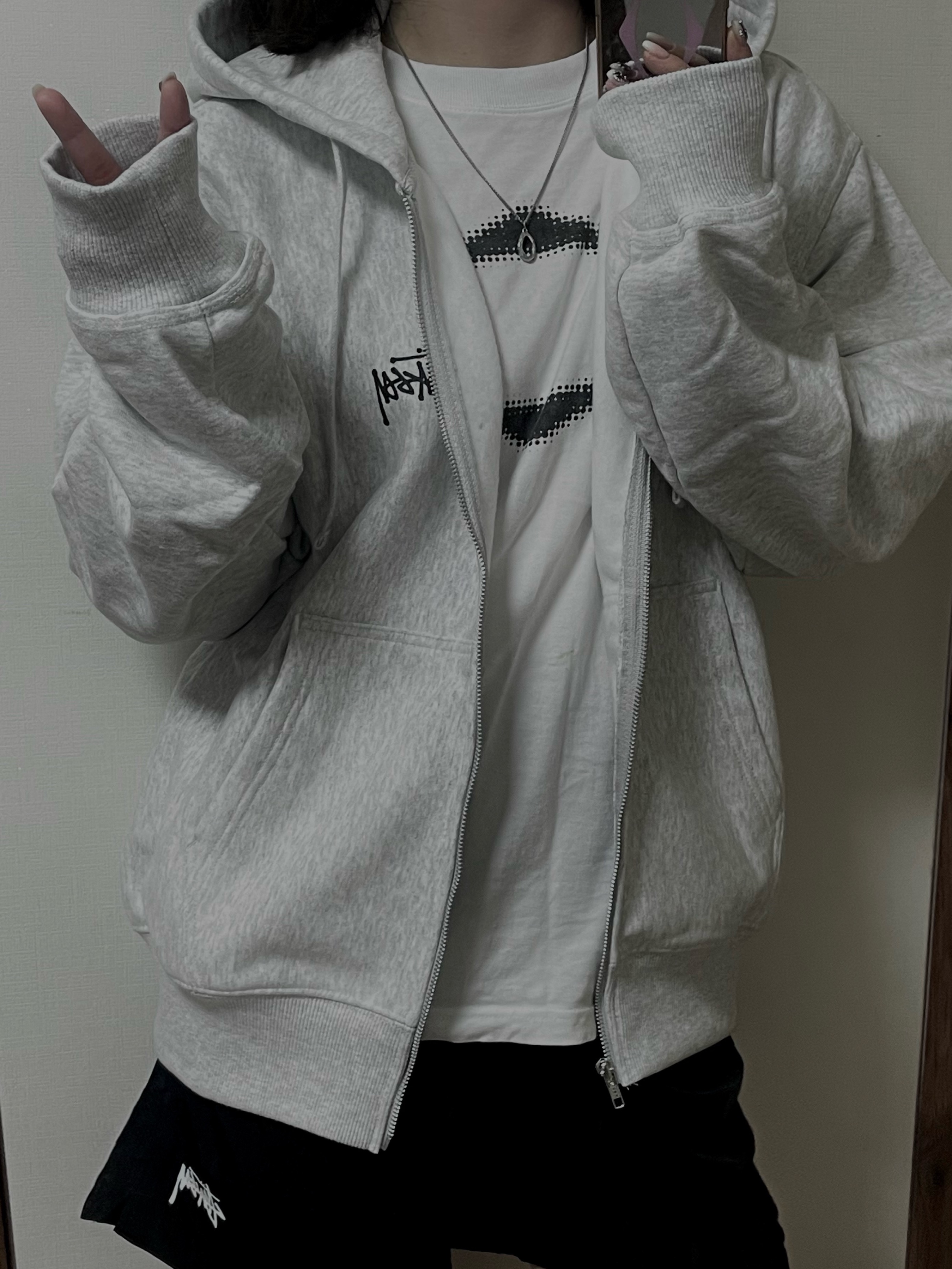 Stussy Basic Stussy Zip Hoodie Ash Heather 2023, Stussy Stock Water Shorts Black 착용 스타일 - 1