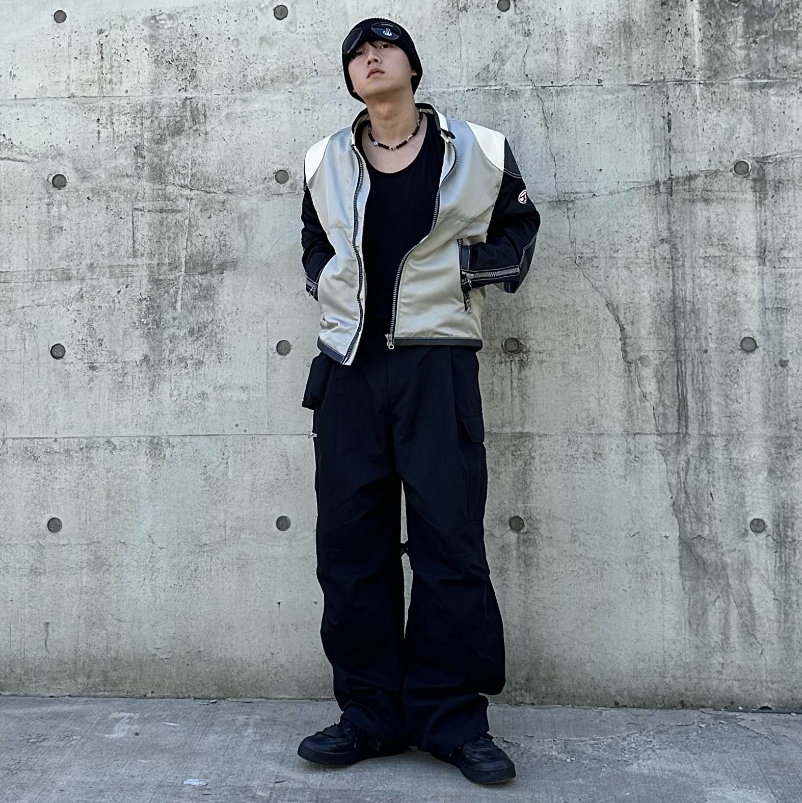 Diesel J-Kreator Biker Jacket in Colour-Block Nylon Black Grey, Nike x Comme des Garcons Homme Plus Air Force Mid Black 착용 스타일 - 1