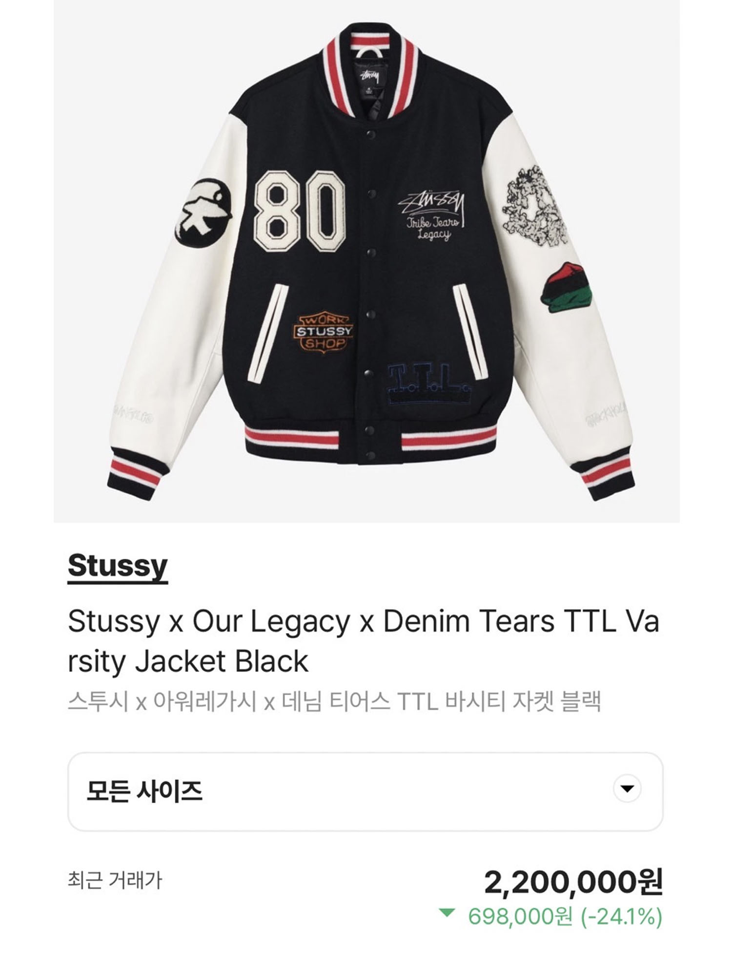 Stussy x Our Legacy x Denim Tears TTL Varsity Jacket Black, Telfar Baggy Jean Blue 착용 스타일 - 5