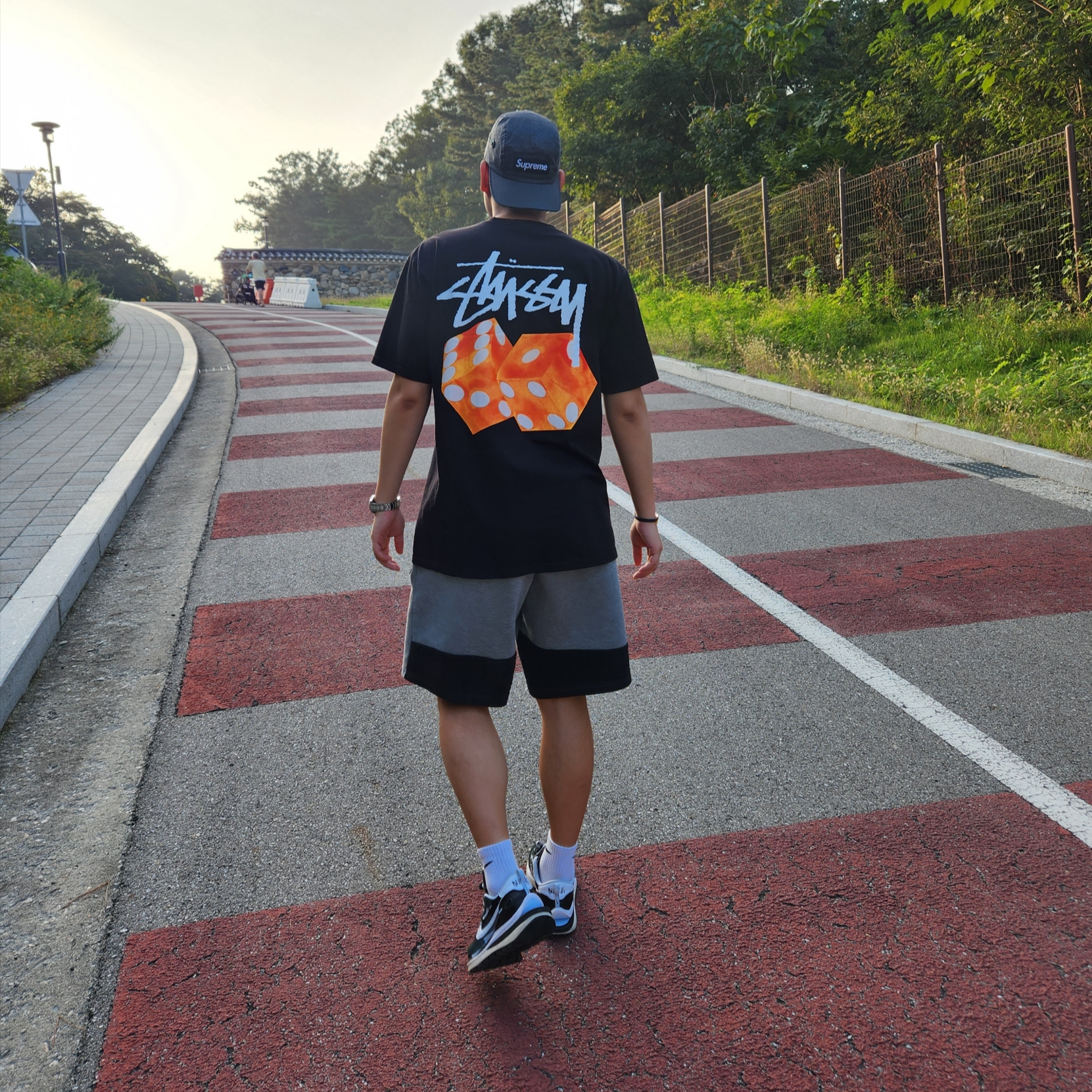 Stussy Diced Out T-Shirt Black, Supreme Distressed Ripstop Camp Cap Black - 23FW 착용 스타일 - 2