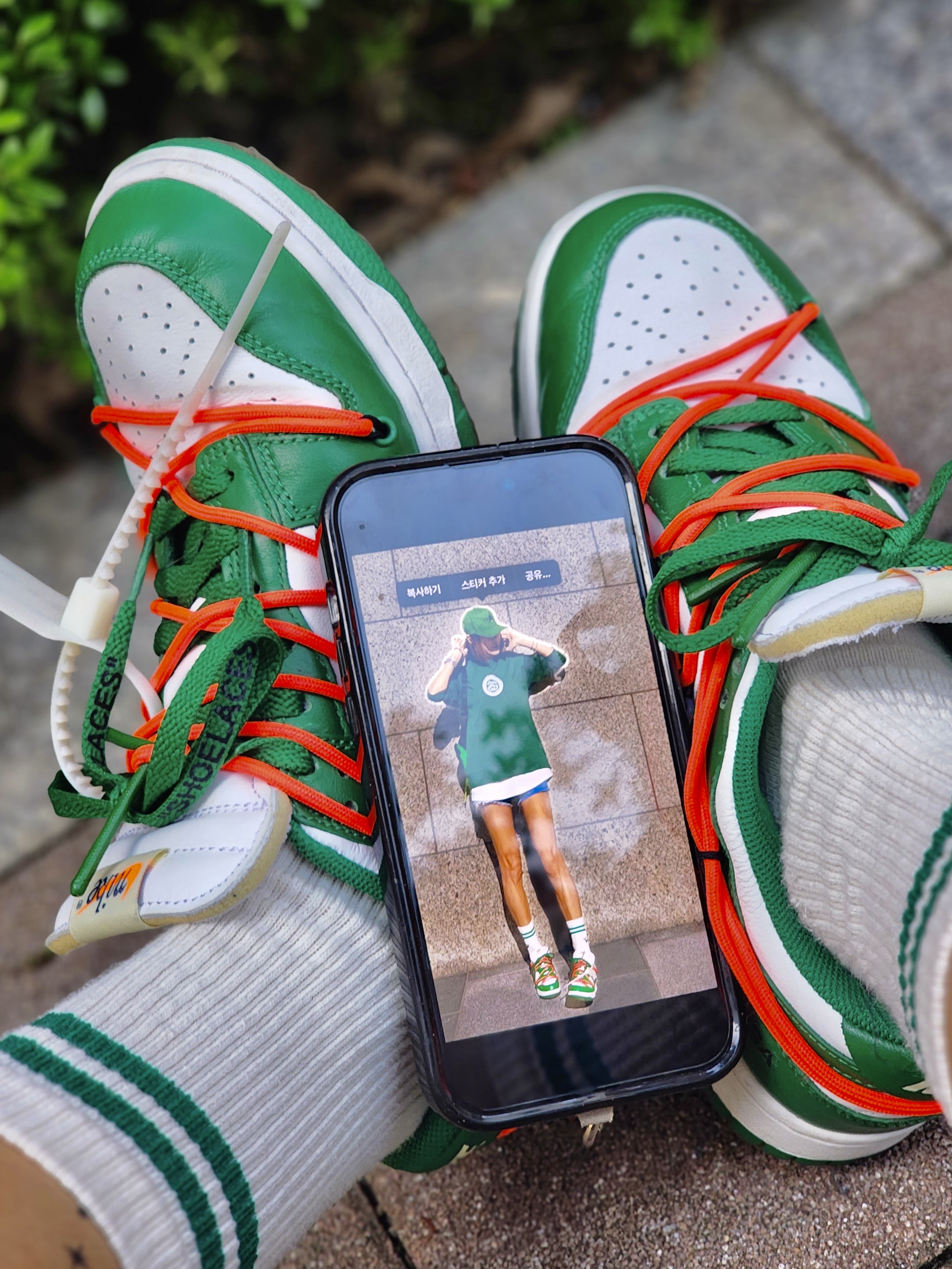Nike x Off-White Dunk Low Pine Green, Jordan x Off-White Pro Jumpman Air Cap Forest Green 착용 스타일 - 5